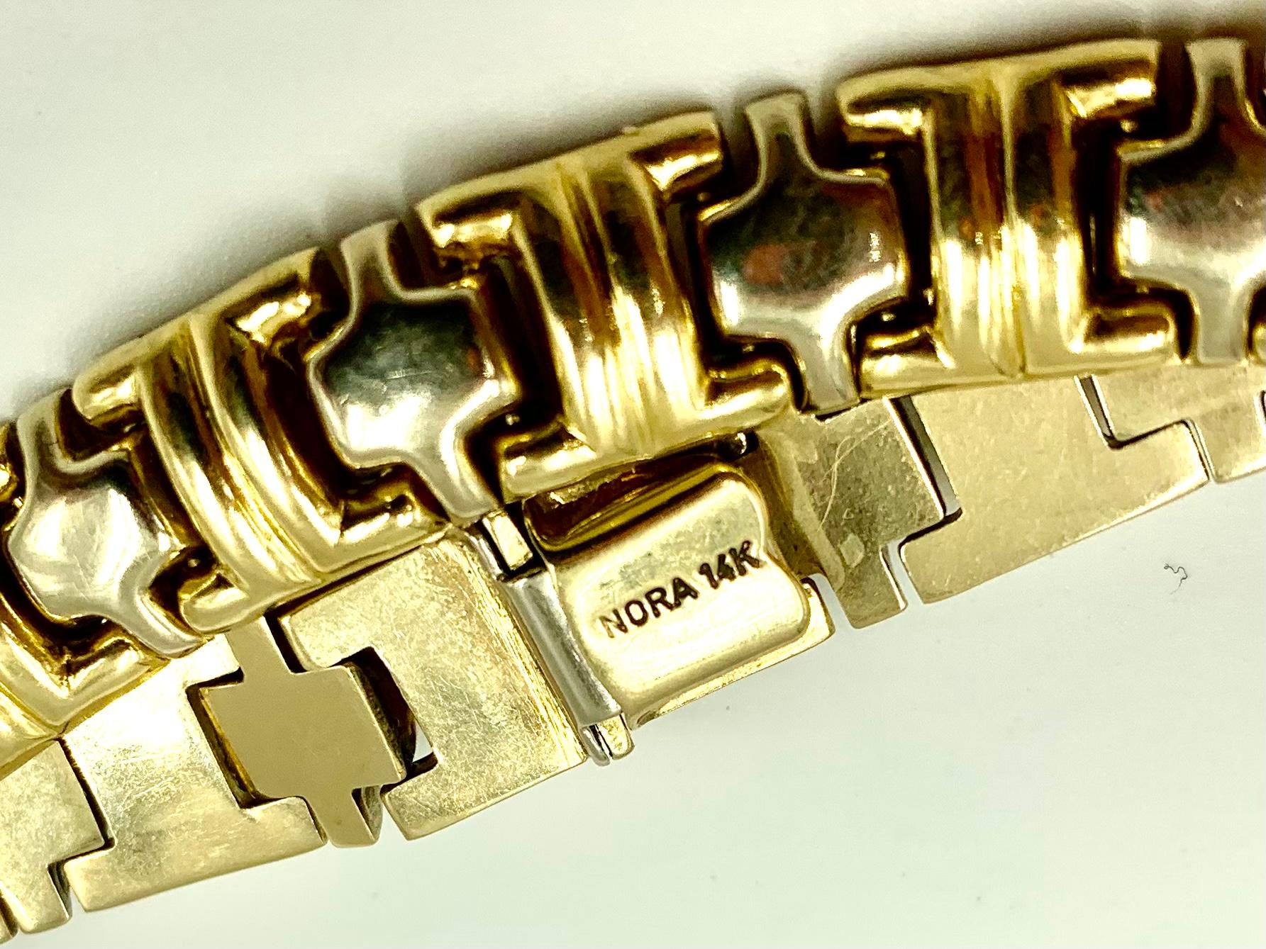 Substanzielle Vintage Gelb und Weiß 14k Gold Parentesi Style Link Armband im Zustand „Gut“ im Angebot in New York, NY