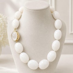 Substantial White Agate 17" Bean Strand Necklace w/ 18k Gold Moonstone Clasp