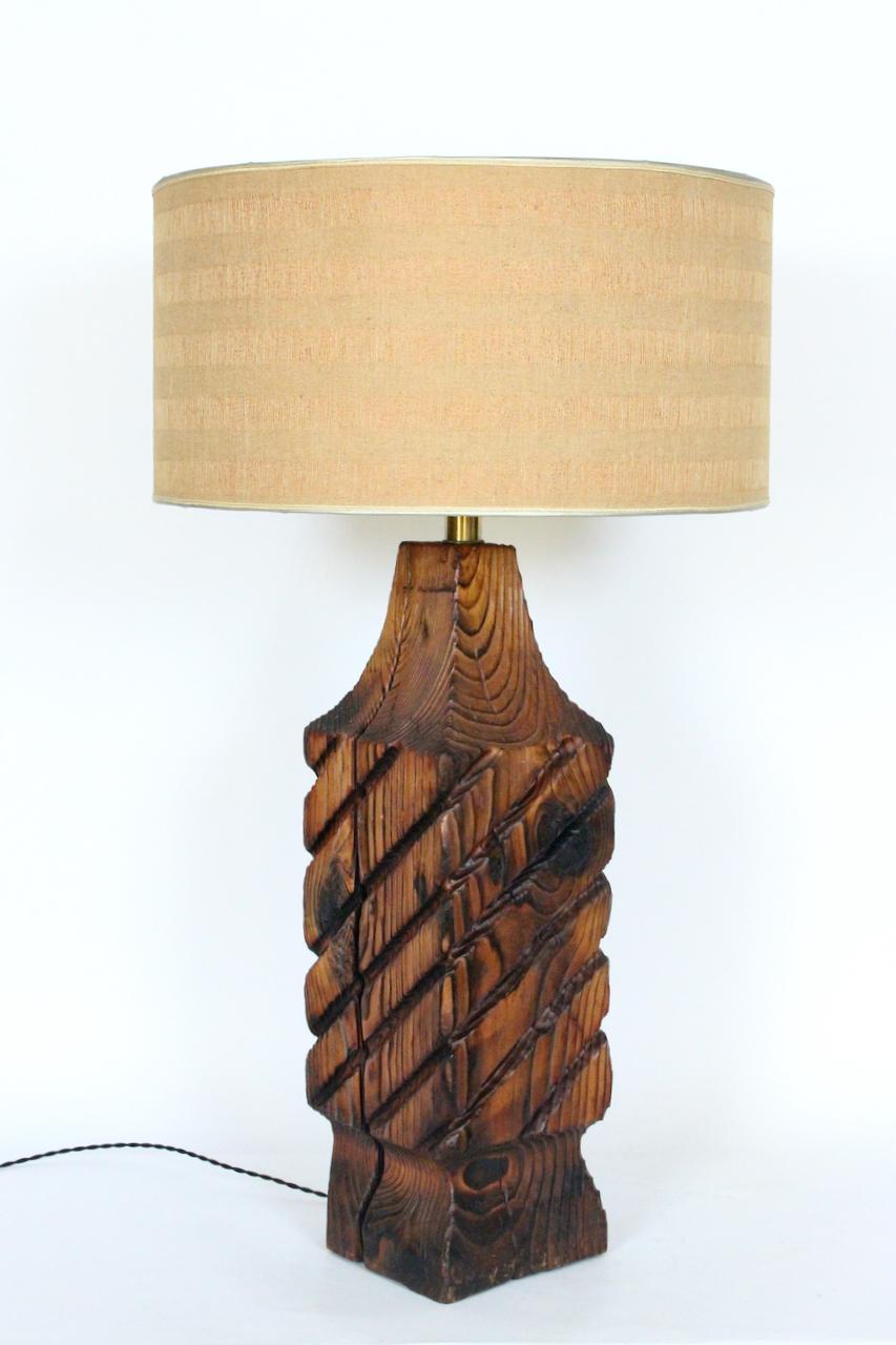 Substantial William Westerhaver WITCO Carved & Burnt Cedar Column Table Lamp For Sale 6