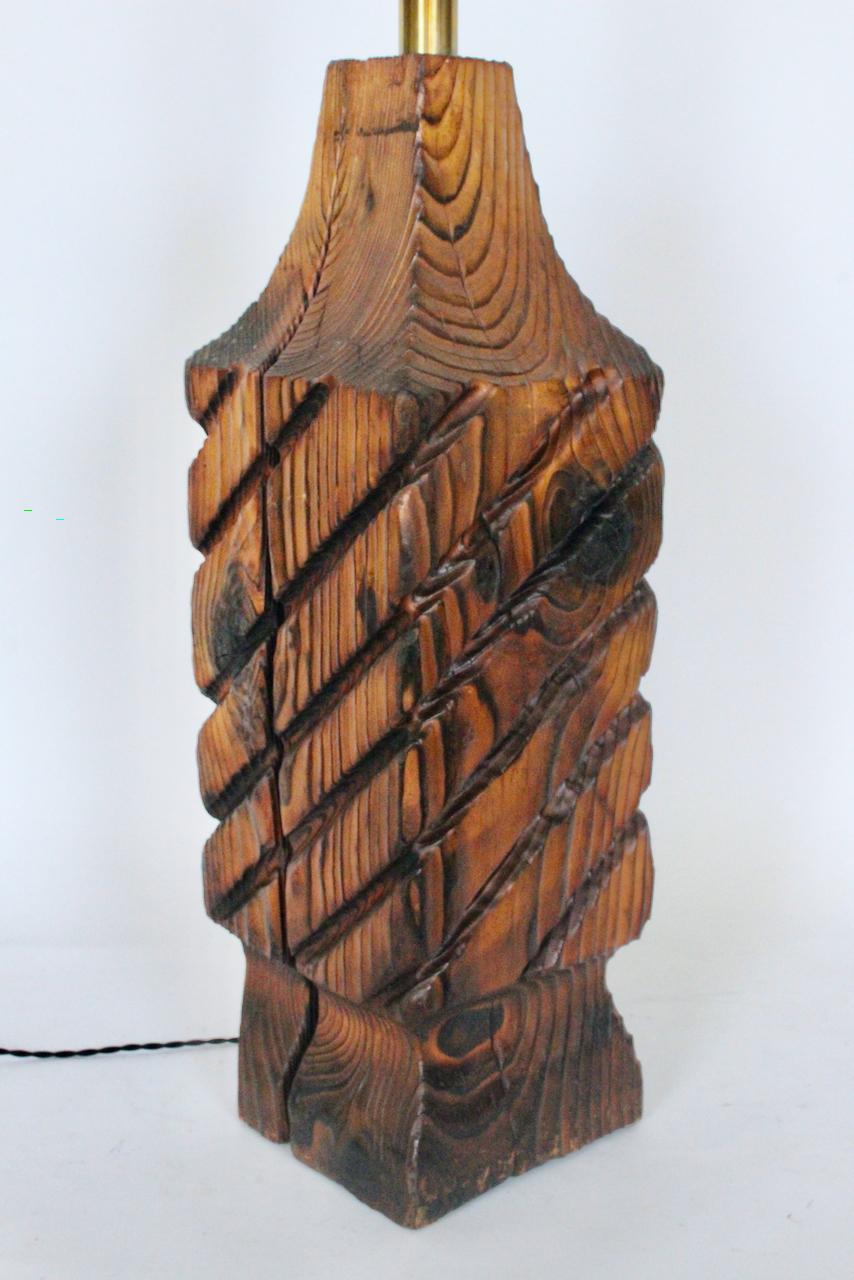 Substantial William Westerhaver WITCO Carved & Burnt Cedar Column Table Lamp For Sale 7