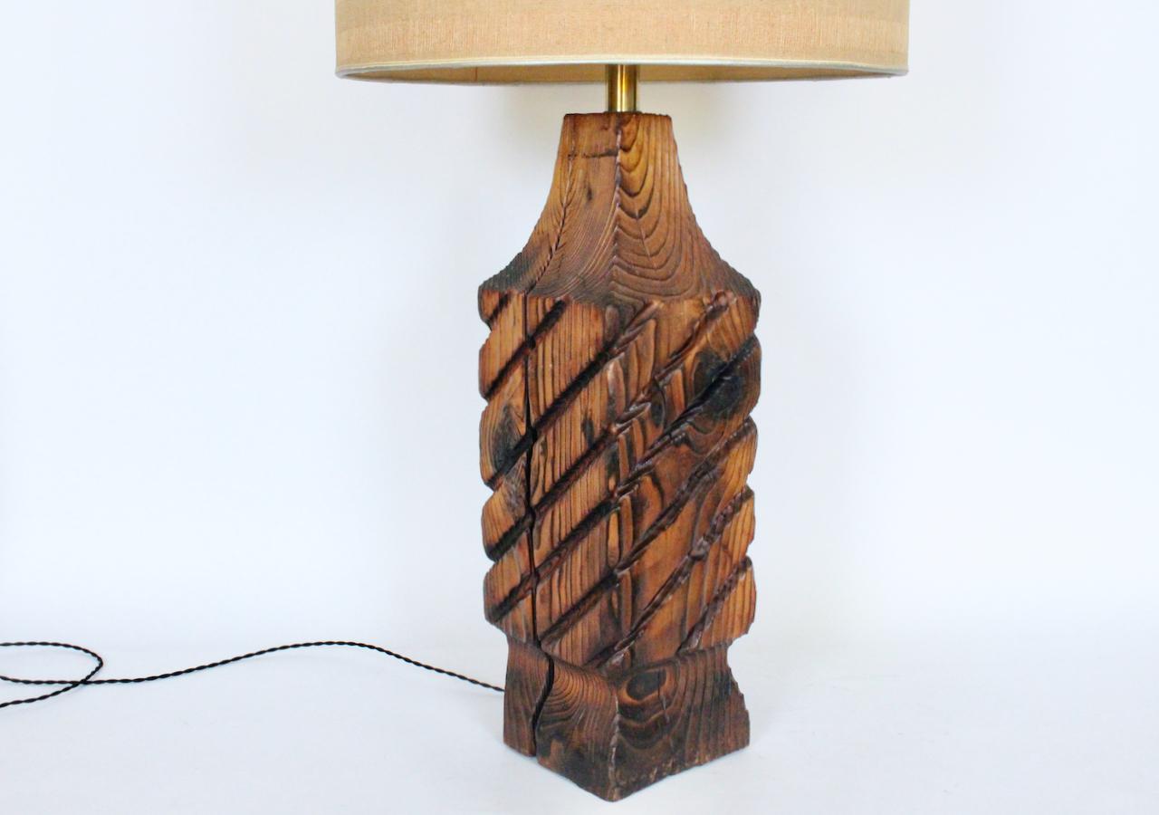 Rustic Substantial William Westerhaver WITCO Carved & Burnt Cedar Column Table Lamp For Sale