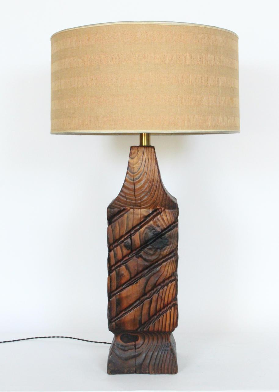 American Substantial William Westerhaver WITCO Carved & Burnt Cedar Column Table Lamp For Sale