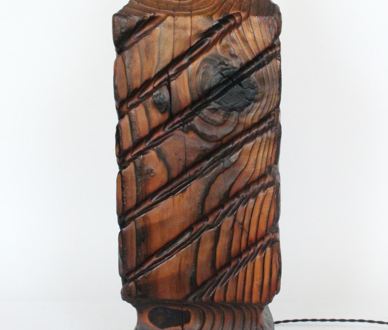 Mid-20th Century Substantial William Westerhaver WITCO Carved & Burnt Cedar Column Table Lamp For Sale