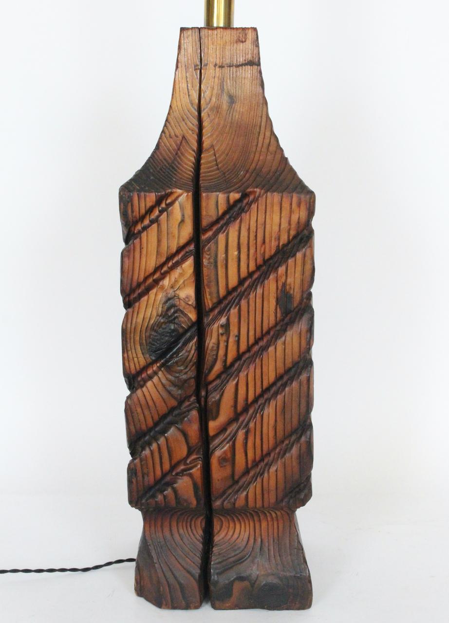 Olive Substantial William Westerhaver WITCO Carved & Burnt Cedar Column Table Lamp For Sale