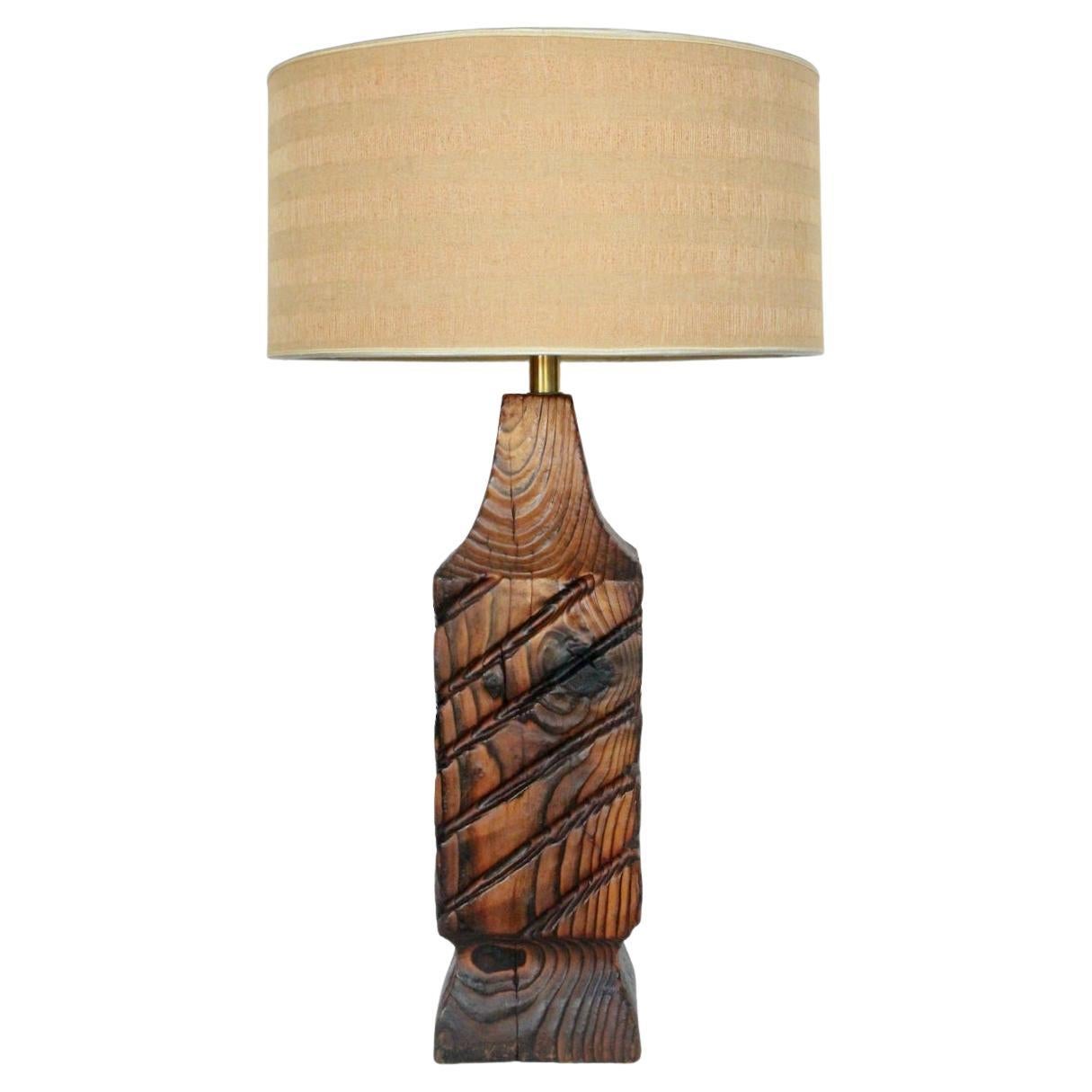Substantial William Westerhaver WITCO Carved & Burnt Cedar Column Table Lamp For Sale