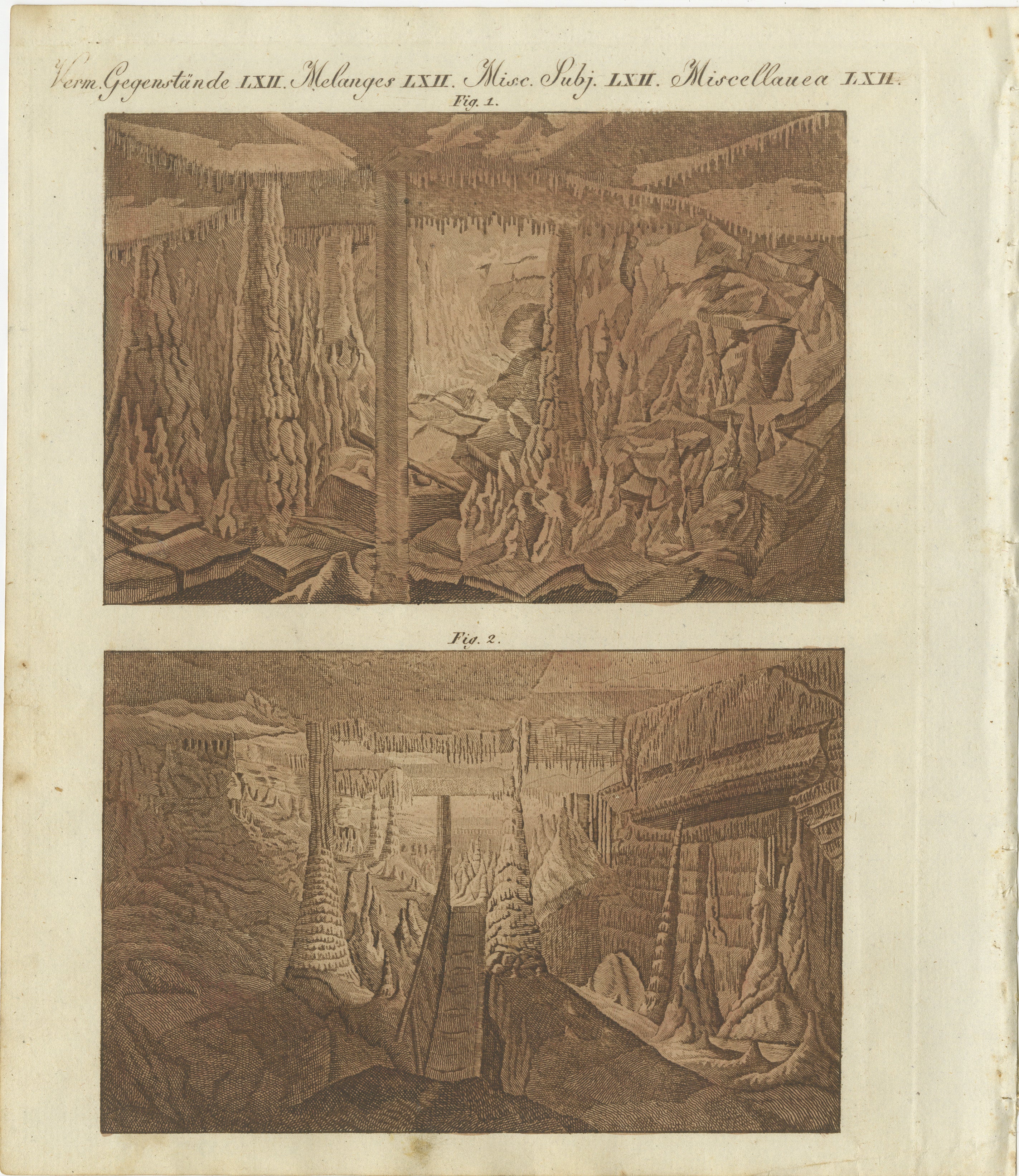 Cette gravure sur cuivre coloriée à la main, tirée du *Bilderbuch für Kinder* (Livre d'images pour enfants) de Friedrich Johann Bertuch, publié à Weimar en 1805, offre une représentation étonnante des merveilles souterraines. 

La gravure présente