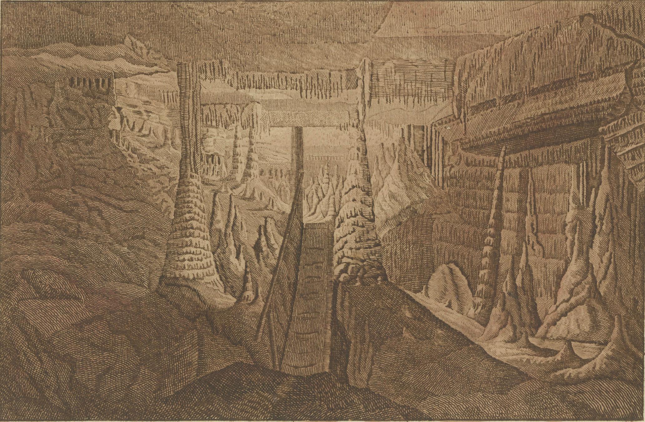 Gravé Marvels subterranéens : Stalactites et Stalagmites dans des grottes de calcaire, gravure en vente