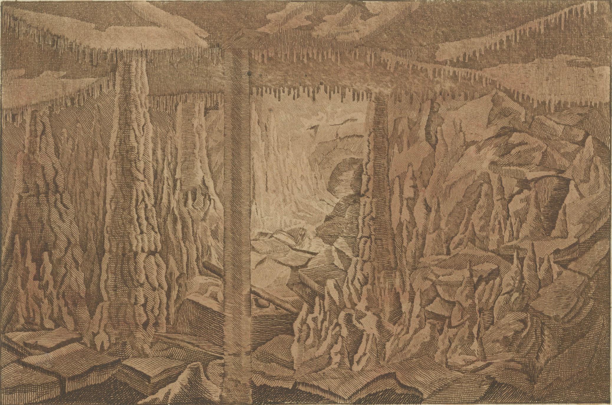 Marvels subterranéens : Stalactites et Stalagmites dans des grottes de calcaire, gravure Bon état - En vente à Langweer, NL