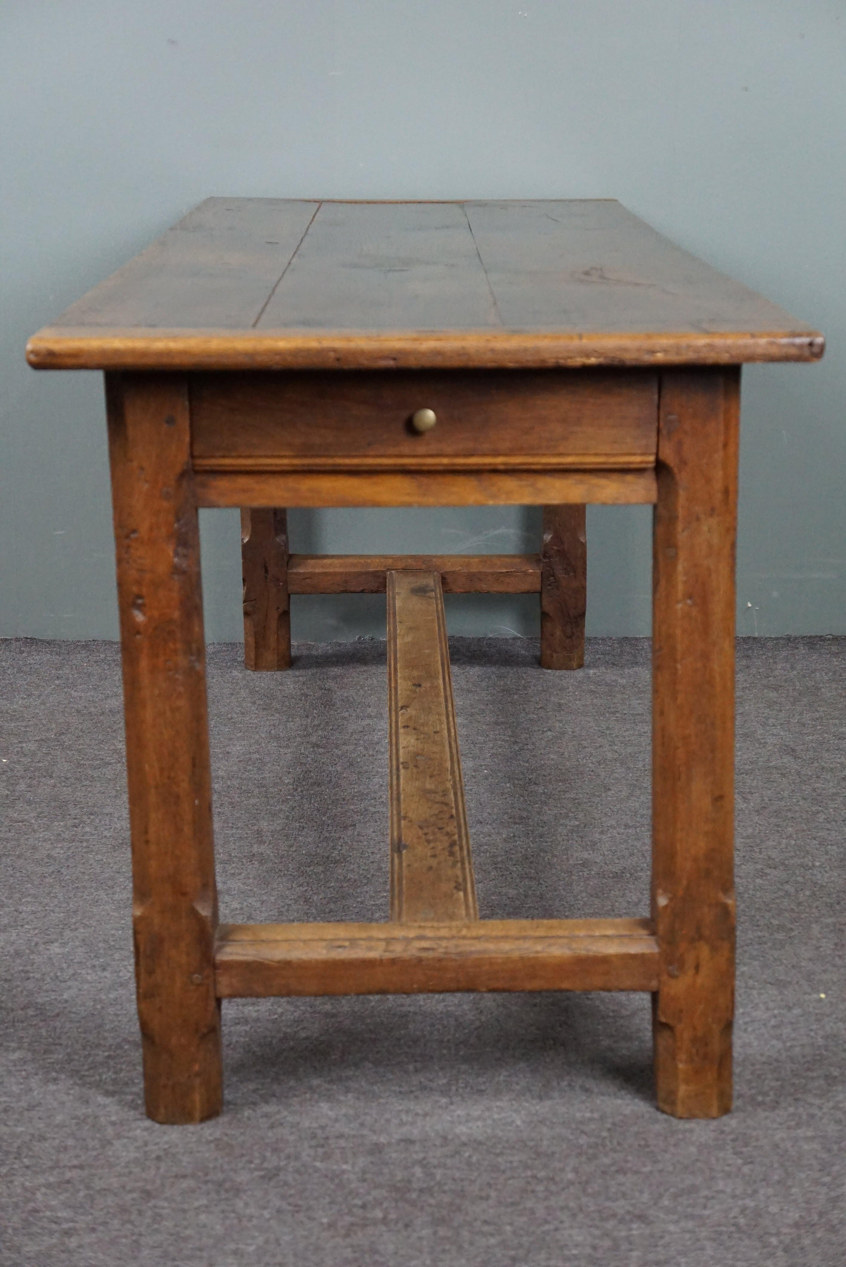 19th Century Subtle antique French oak dining table with breadboard and drawer For Sale