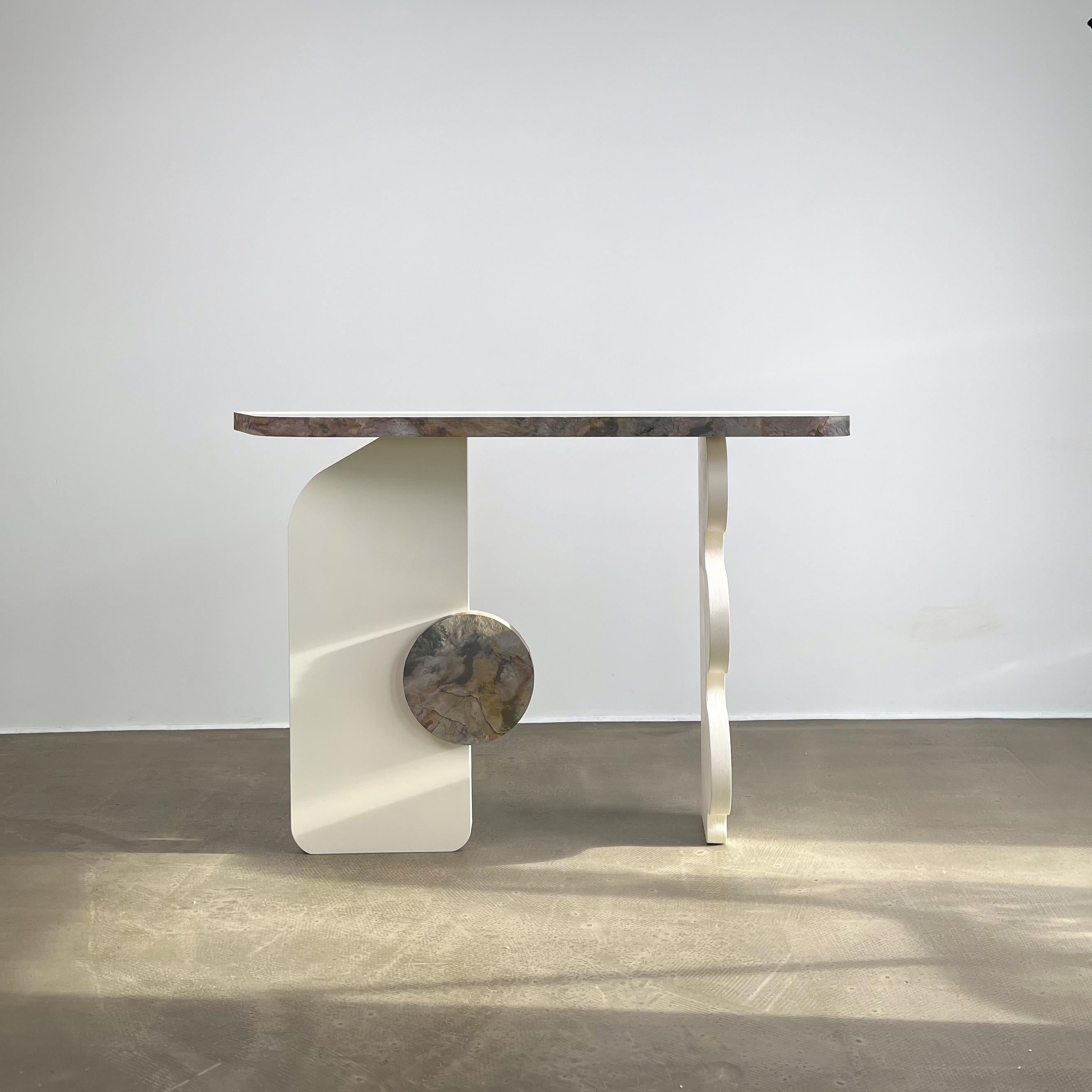 Subtle Ecru Puzzle Console Table by Majbele
Dimensions: D 36 x W 122 x H 90 cm.
Materials: Stone veneer, oak veneer, MDF.

The Puzzle collection is intriguing entertainment with unconventional forms that are born from the transformation of basic