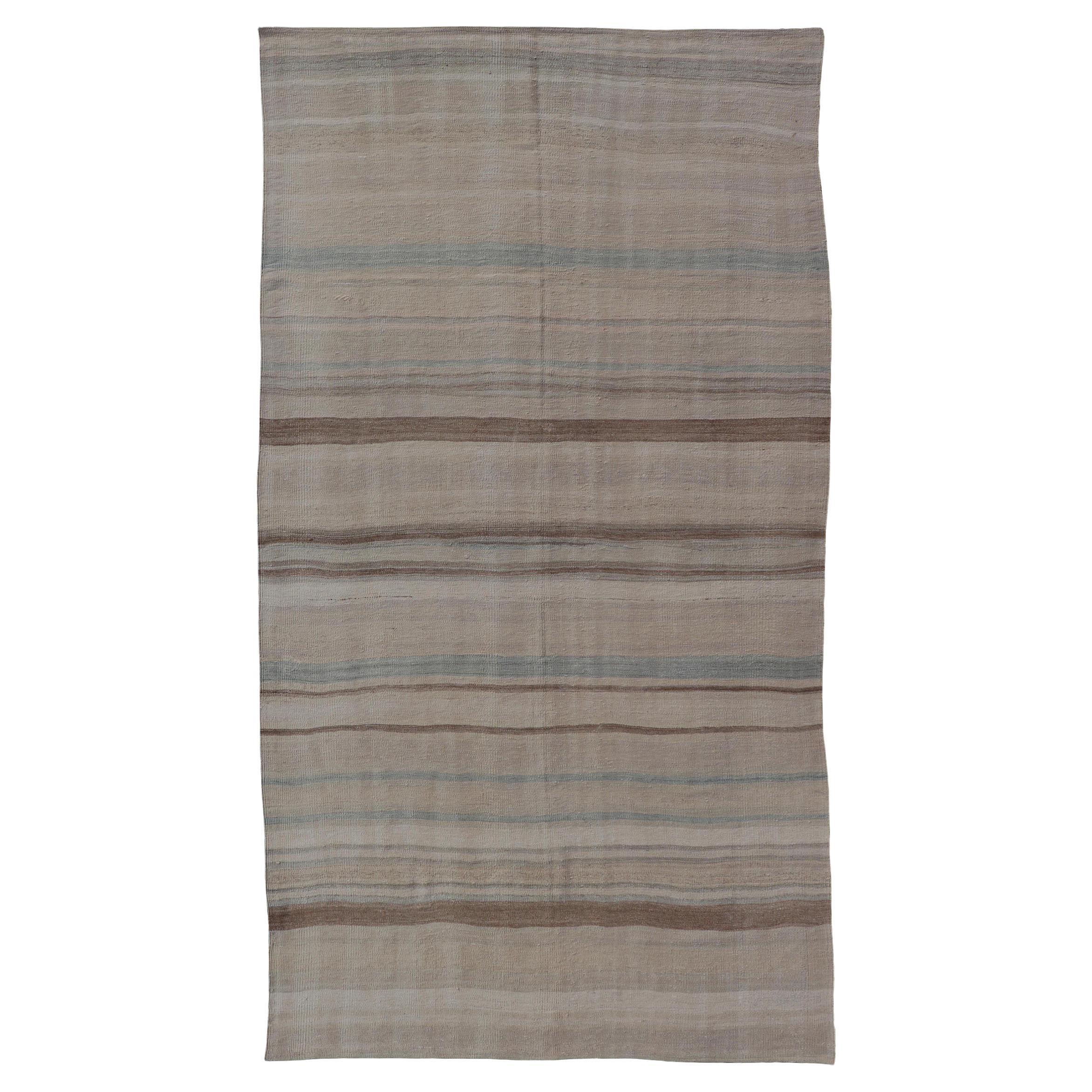 Subtle Horizontal Stripe Design Turkish Vintage Kilim Rug in Warm Neutral Tones For Sale