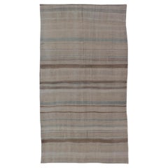 Subtle Horizontal Stripe Design Turkish Vintage Kilim Rug in Warm Neutral Tones