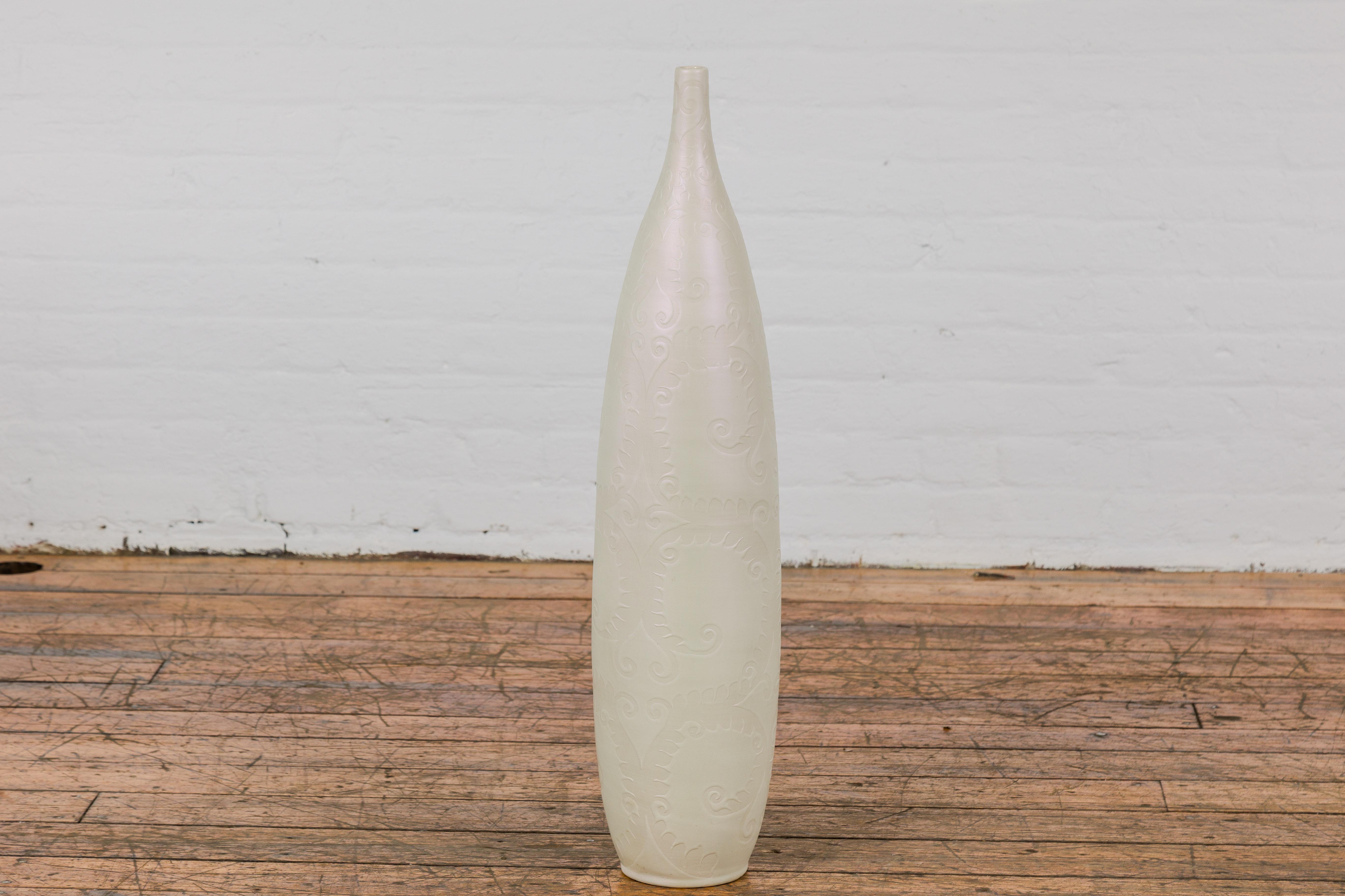 Subtle Ivory Color Tall Vase with Raised Scrolling Motifs and Narrow Mouth For Sale 5