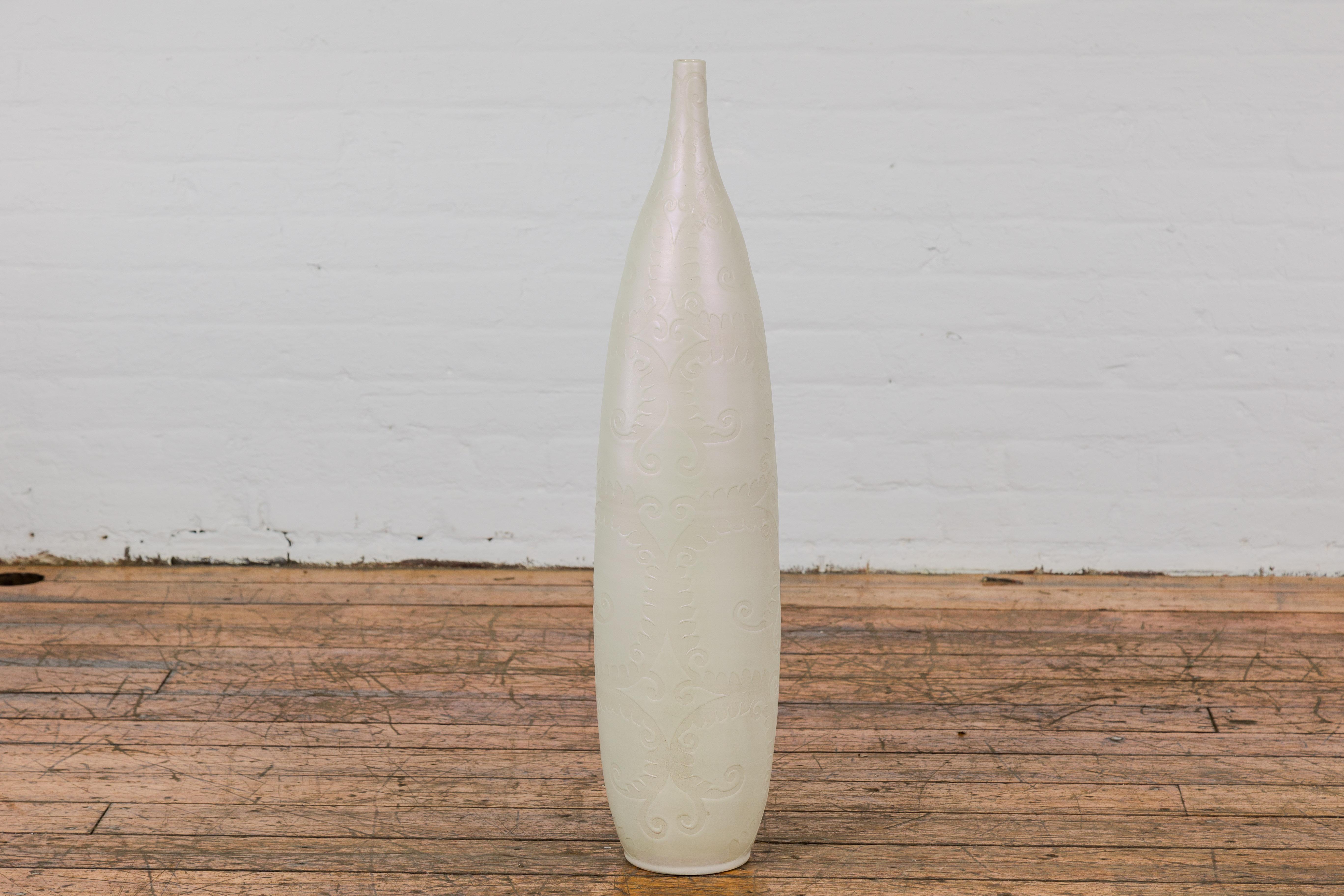 Subtle Ivory Color Tall Vase with Raised Scrolling Motifs and Narrow Mouth For Sale 6