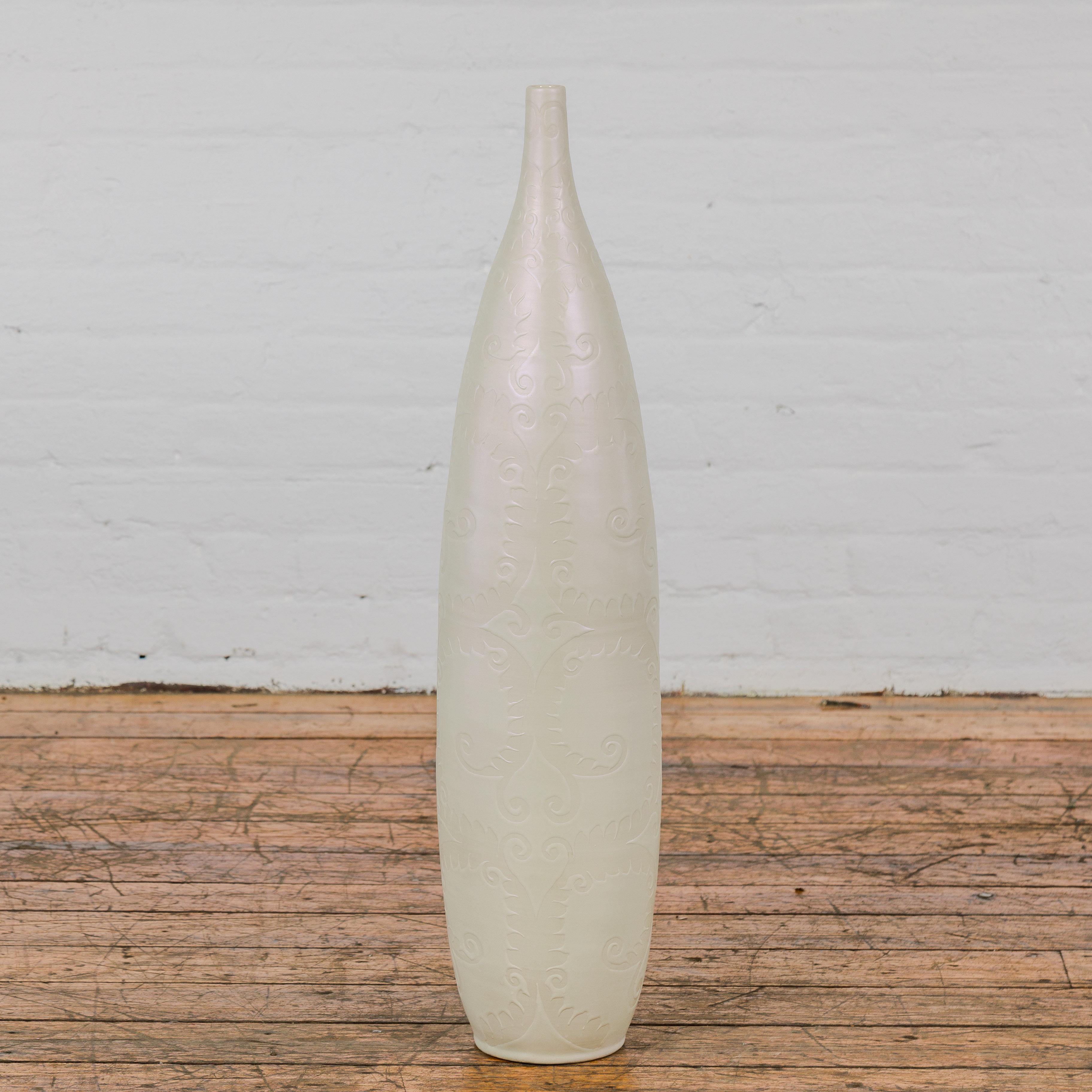 Subtle Ivory Color Tall Vase with Raised Scrolling Motifs and Narrow Mouth For Sale 7