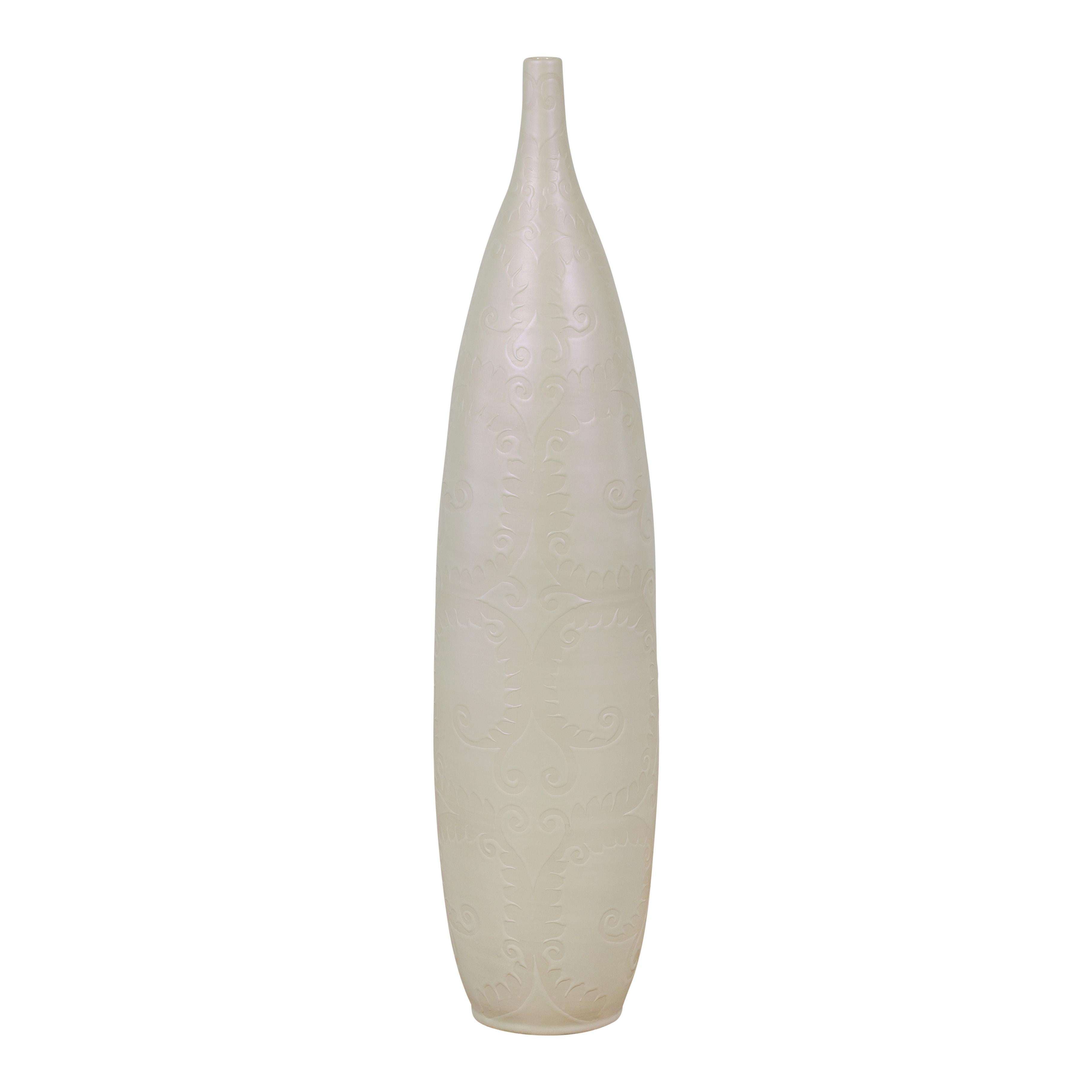 Subtle Ivory Color Tall Vase with Raised Scrolling Motifs and Narrow Mouth For Sale 9