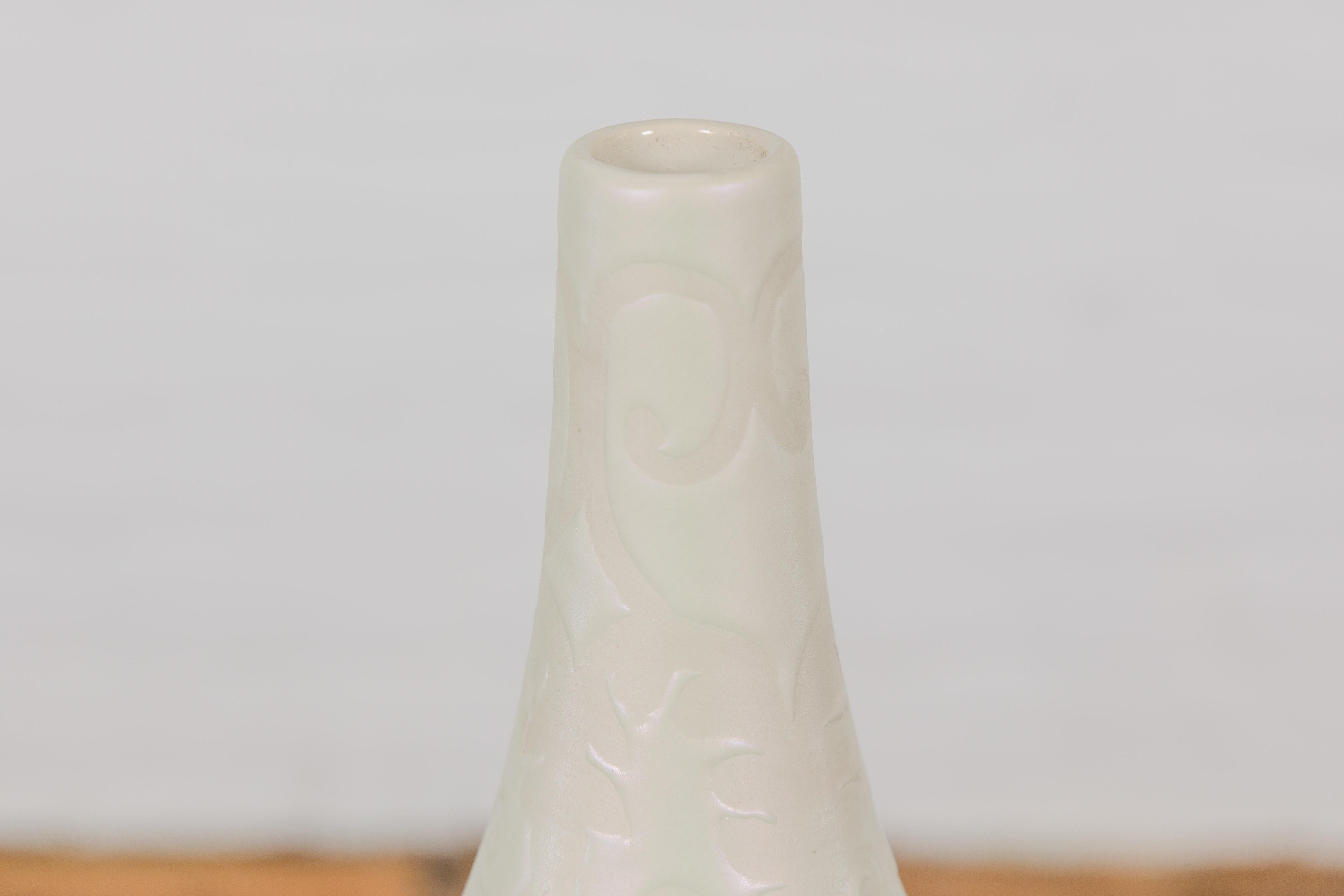 Subtle Ivory Color Tall Vase with Raised Scrolling Motifs and Narrow Mouth For Sale 4