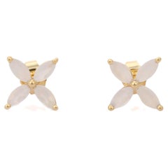 Subtle Moonstone Flower Pushback Studs Gift in 14k Solid Yellow Gold 