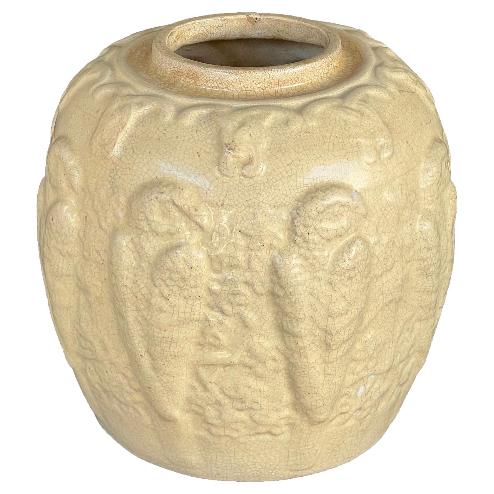 Subtly-rendered Ohio Pottery Salt-glazed Vase with Raised Parrot Motifs For Sale