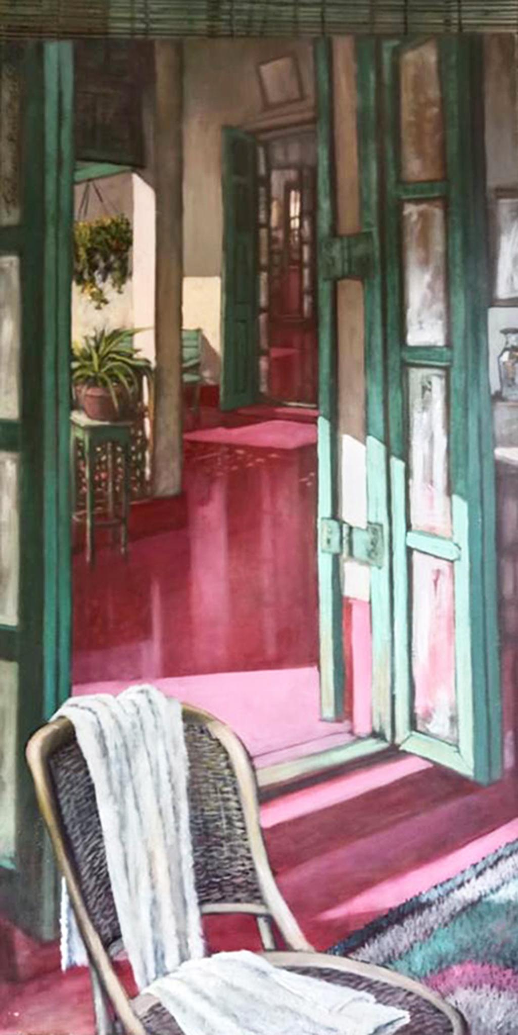 Subuddha Ghosh Figurative Painting - Untitled, Acrylic on Canvas, Pink, Green by Contemporary Artist "In Stock"