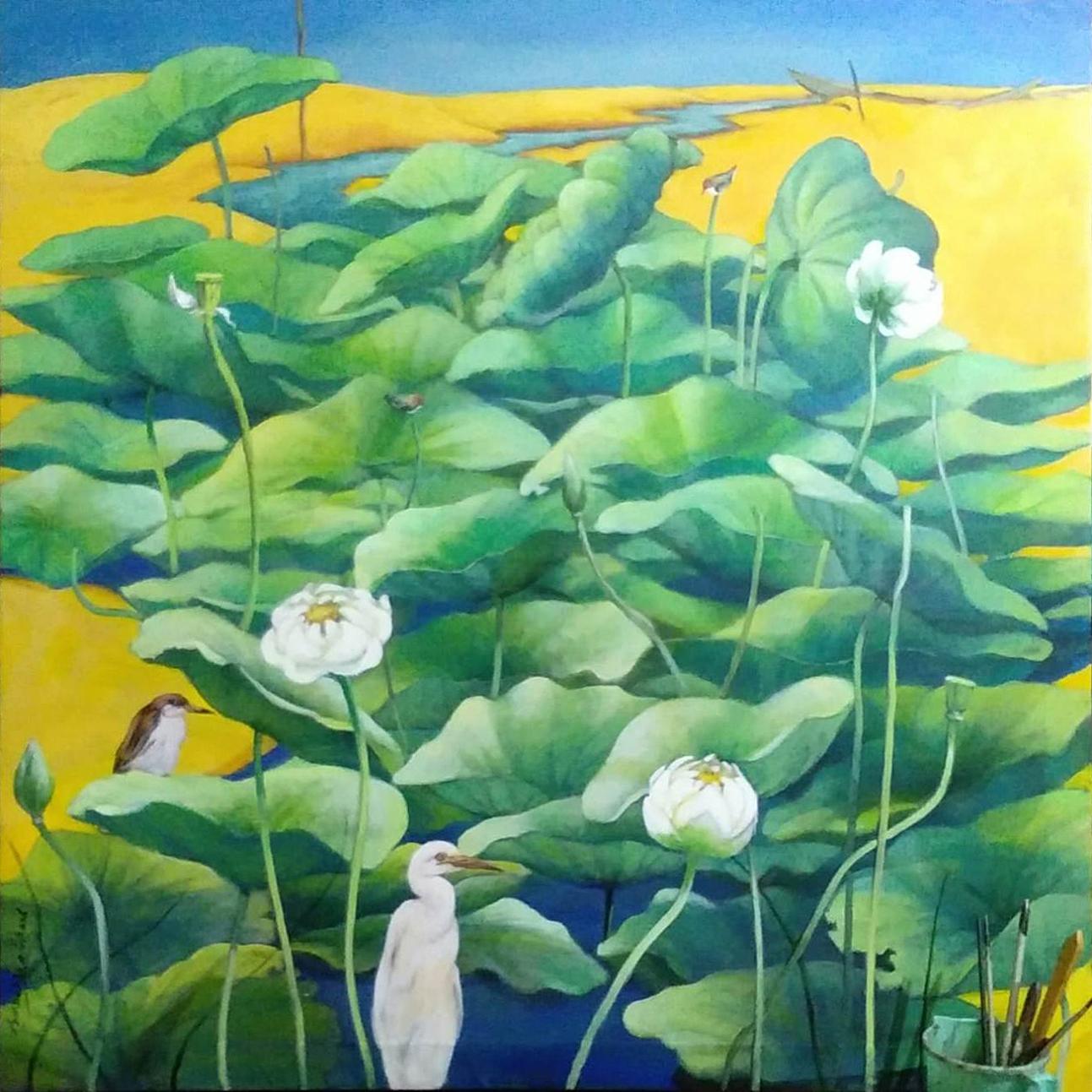 Figurative Painting di Subuddha Ghosh - Senza titolo, Acrilico su tela, Giallo, Verde di Artista contemporaneo "In magazzino"