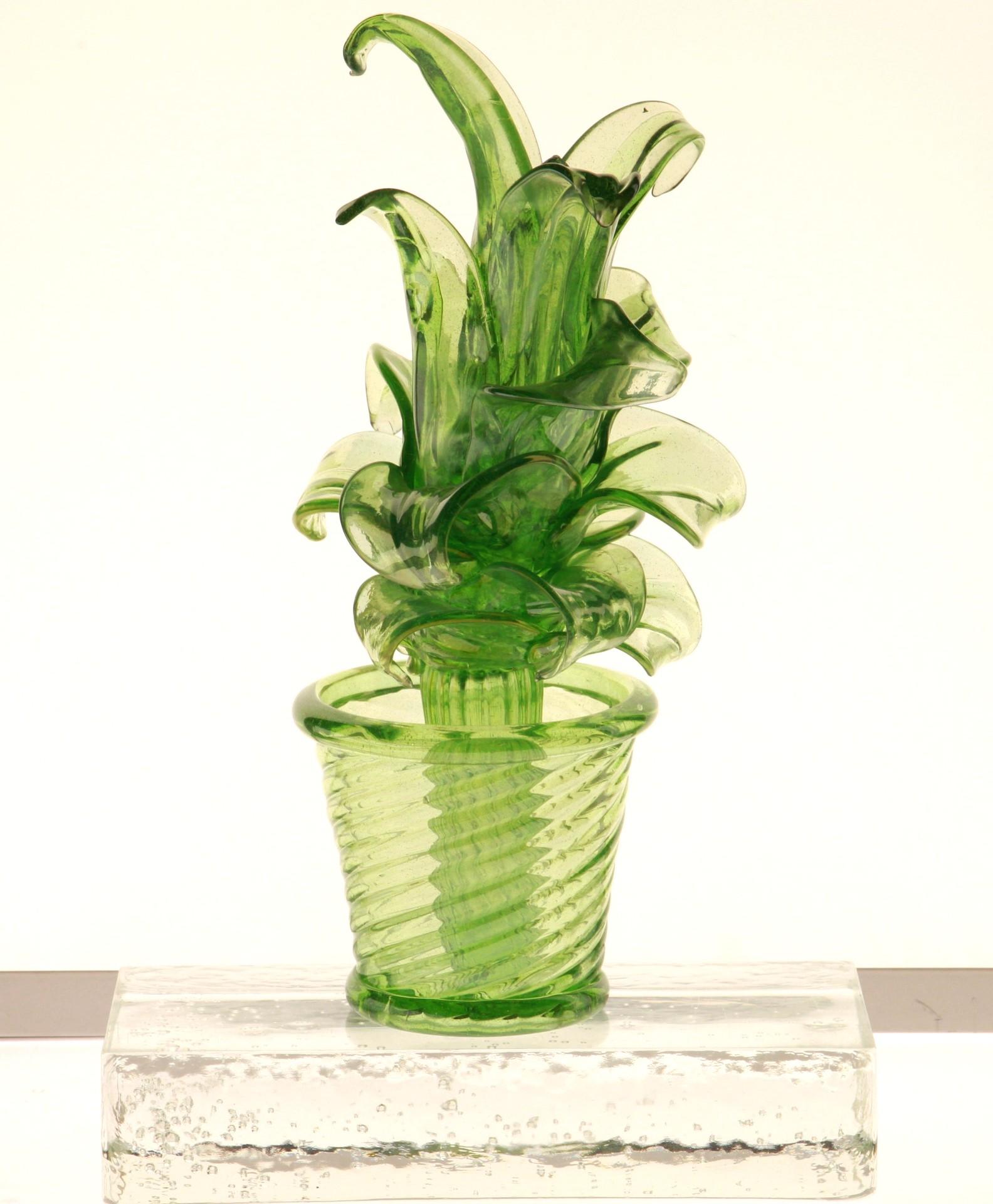 Italian Succulent Cactus, Green Murano Puligoso Glass in the Style of Martinuzzi