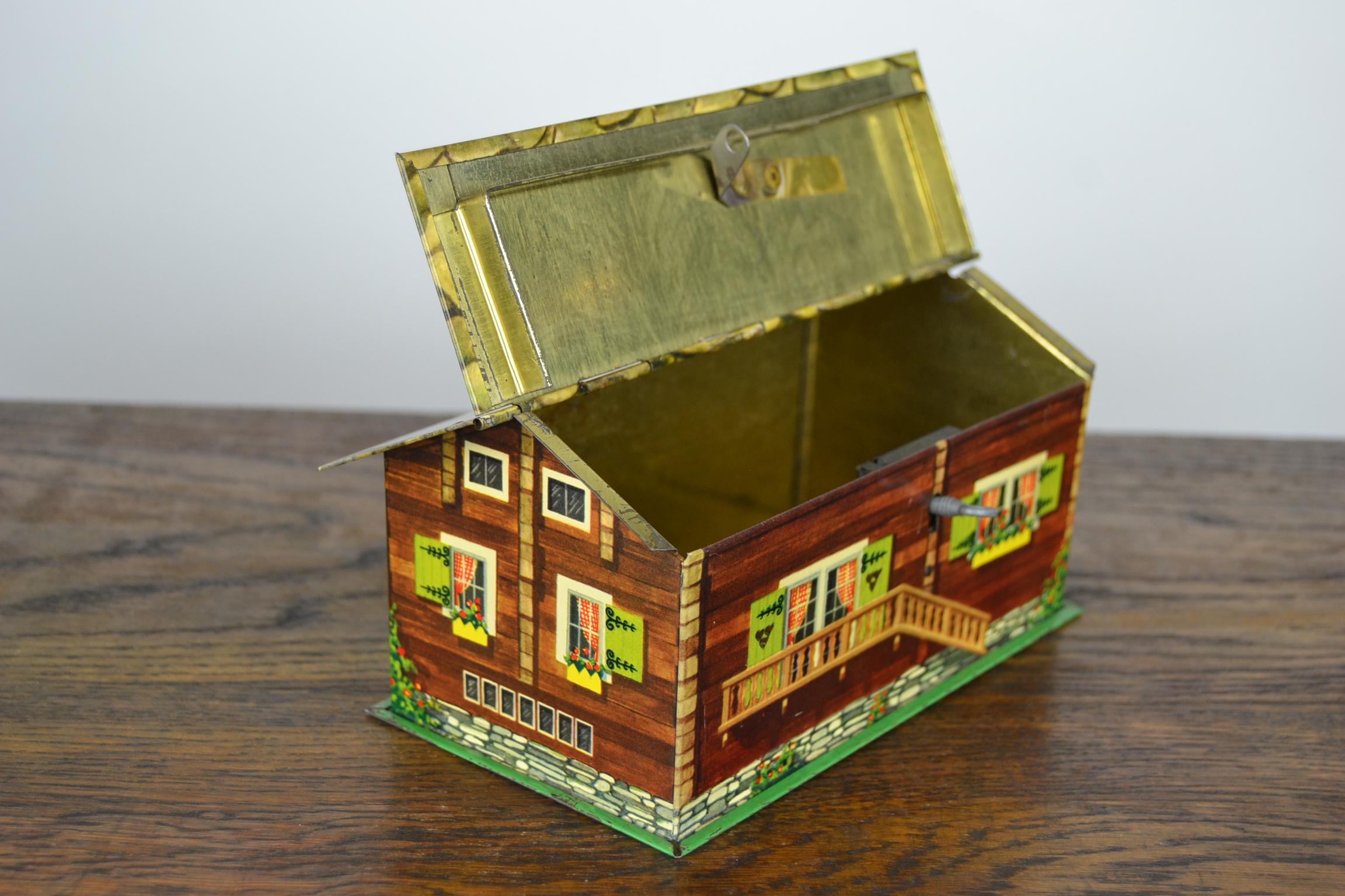 Suchard Swiss Chalet Tin, Piggy Bank, Chocolate Box, 1930s 5