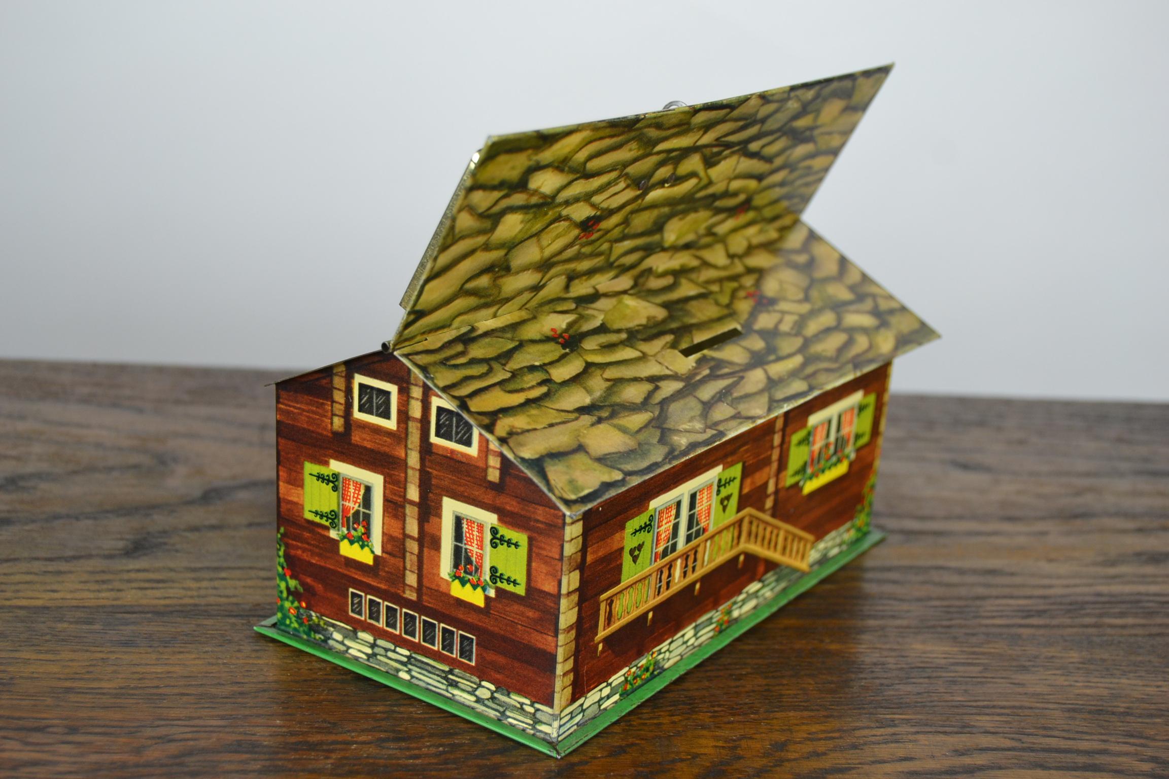 Suchard Swiss Chalet Tin, Piggy Bank, Chocolate Box, 1930s 6