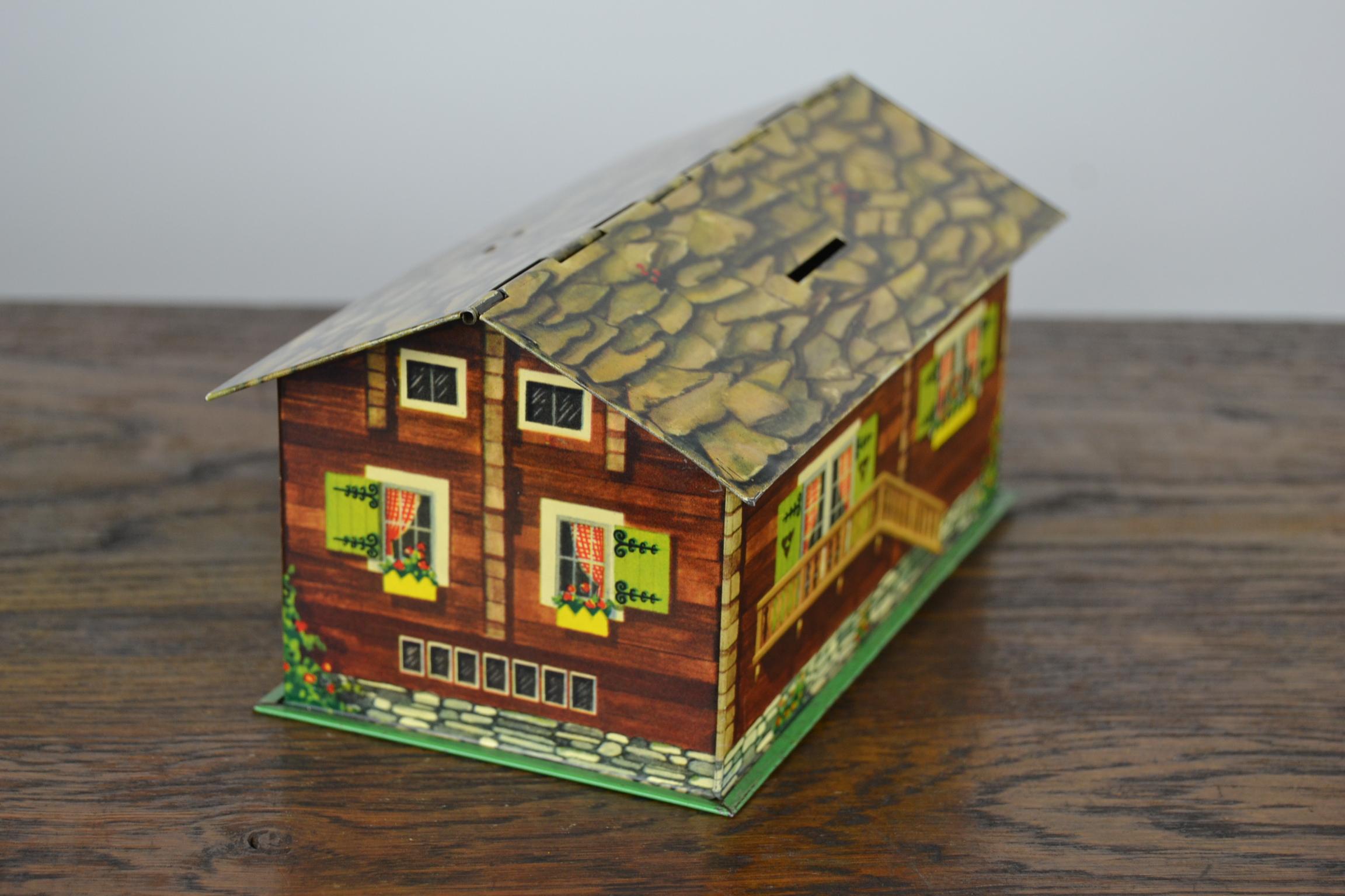 Suchard Swiss Chalet Tin, Piggy Bank, Chocolate Box, 1930s 10