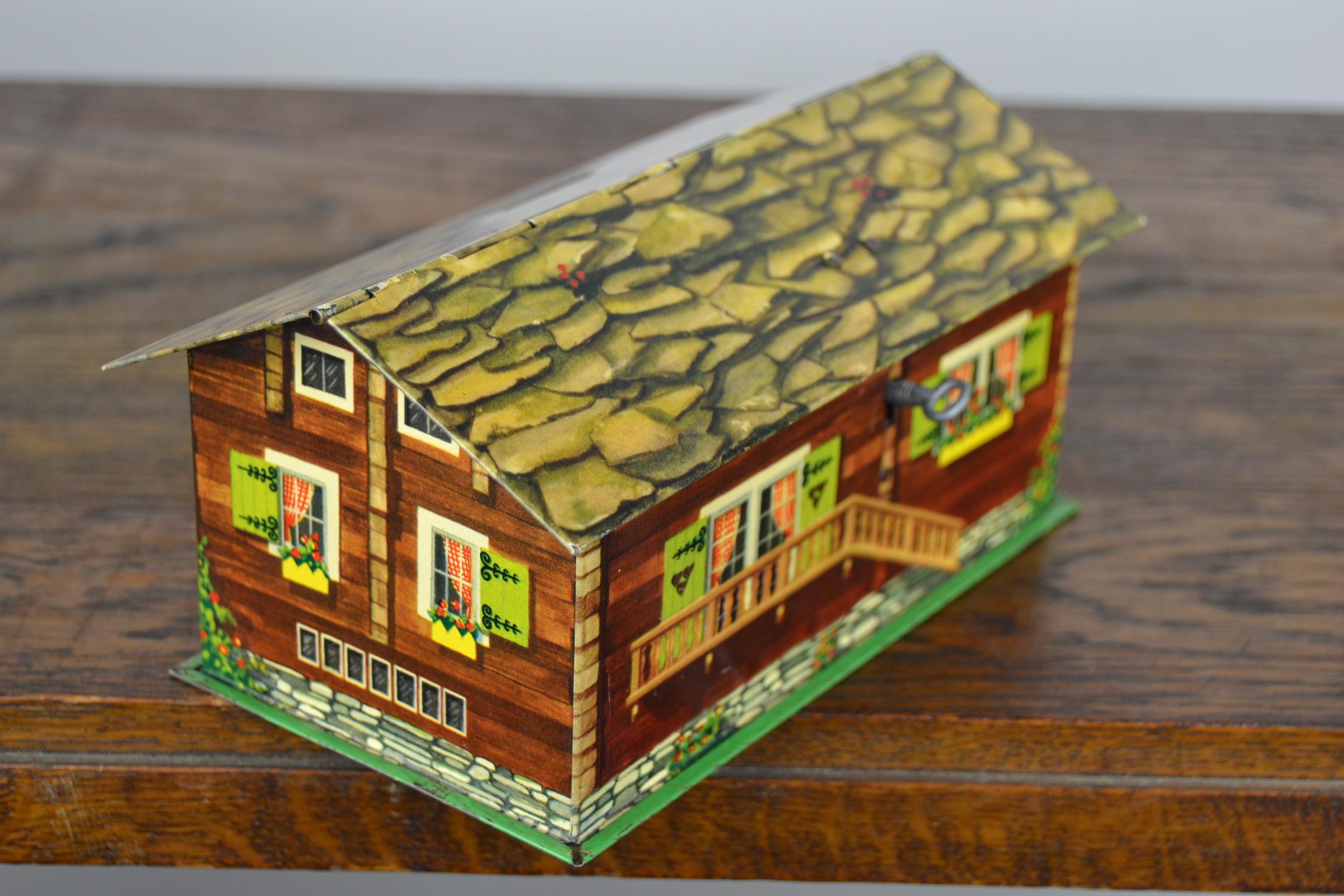 Art Deco Suchard Swiss Chalet Tin, Piggy Bank, Chocolate Box, 1930s