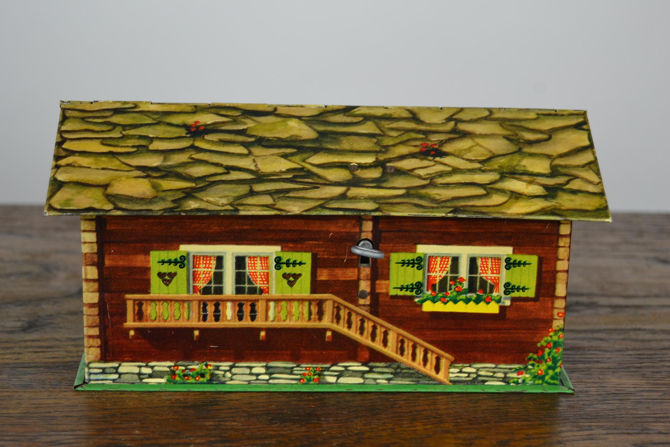 20th Century Suchard Swiss Chalet Tin, Piggy Bank, Chocolate Box, 1930s