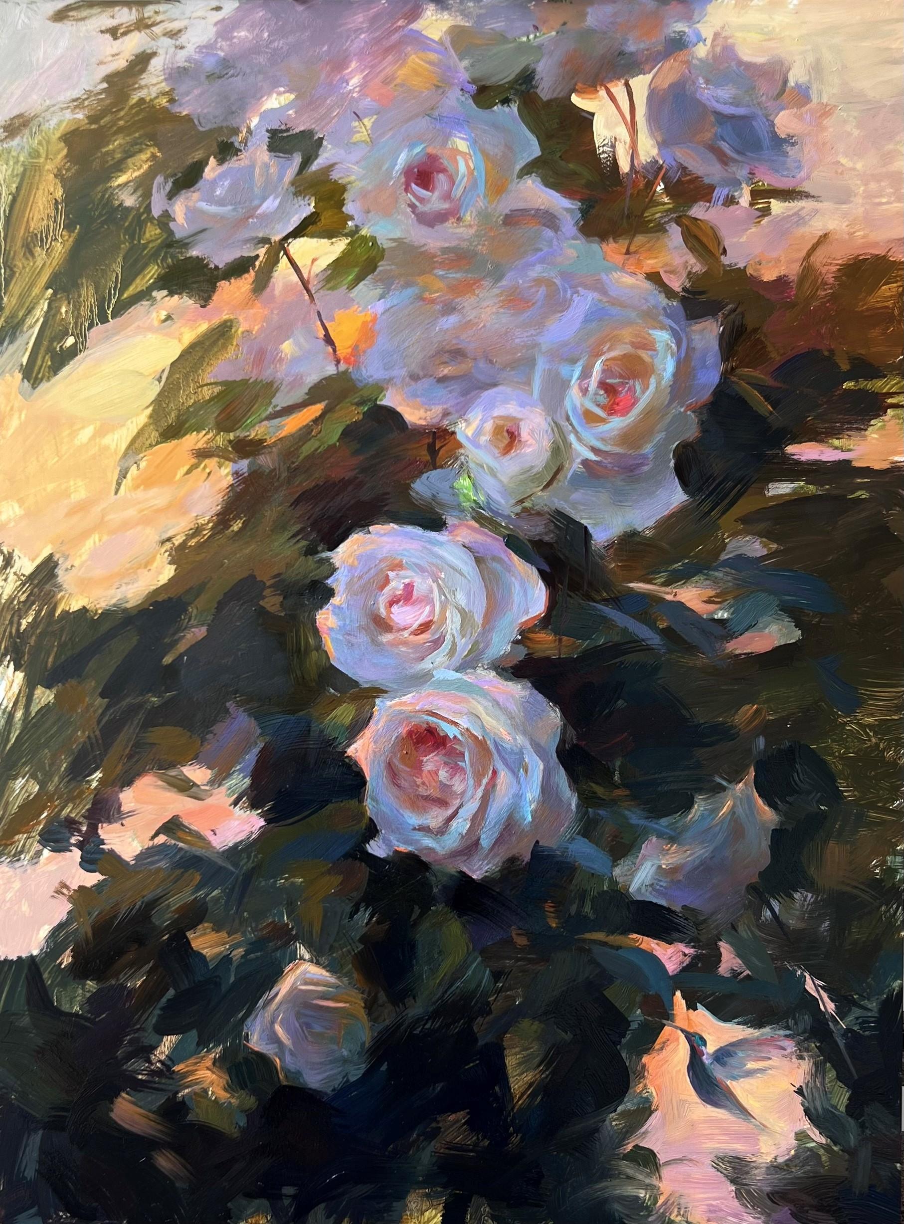 Poema al atardecer", de Suchitra Bhosle, es un óleo original hecho a mano que representa un rosal rosa en un resplandor vespertino. 

Sobre el artista:
Suchitra Bhosle es una artista nacida en la India y afincada en California.  Suchitra pinta en un