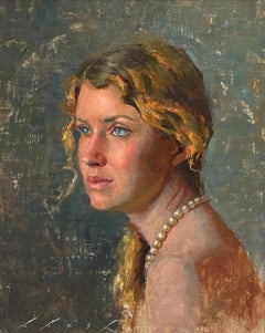 "Blue Eyed Girl with Pearls" By Suchitra Bhosle, Original Portrait Oil Painting