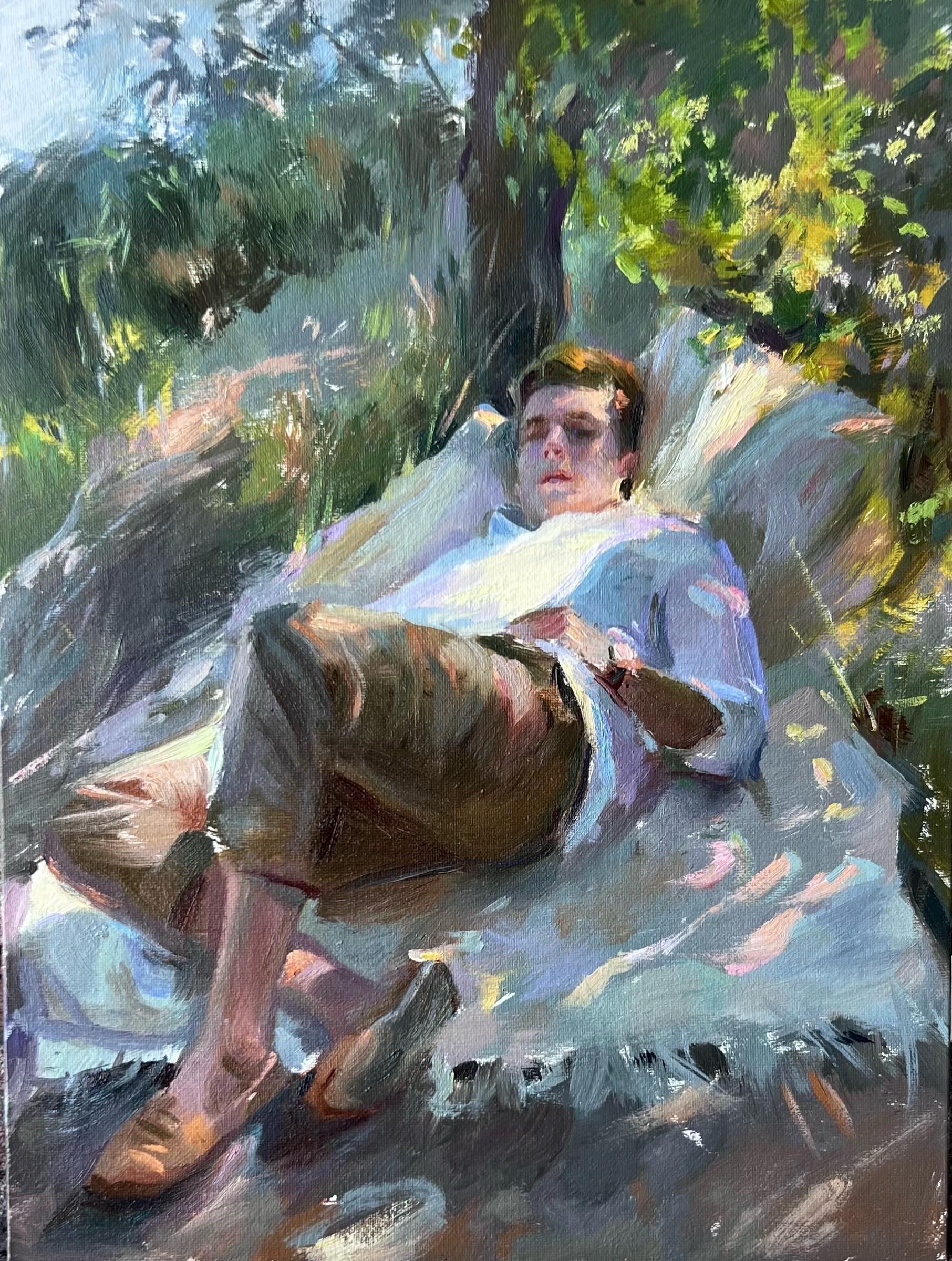 "Dappled Light Siesta" (2024) di Suchitra Bhosle, ritratto originale dipinto a olio