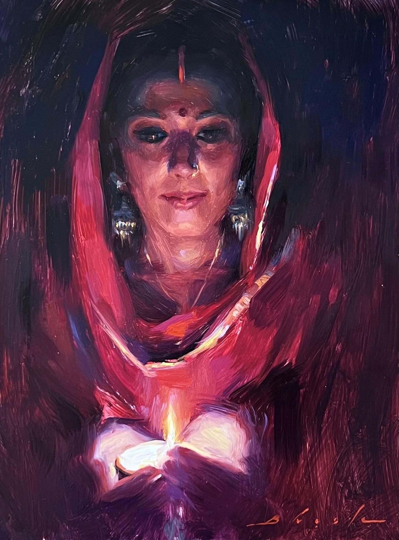 Suchitra Bhosle Portrait Painting - "Indian Offering" Oil Painting