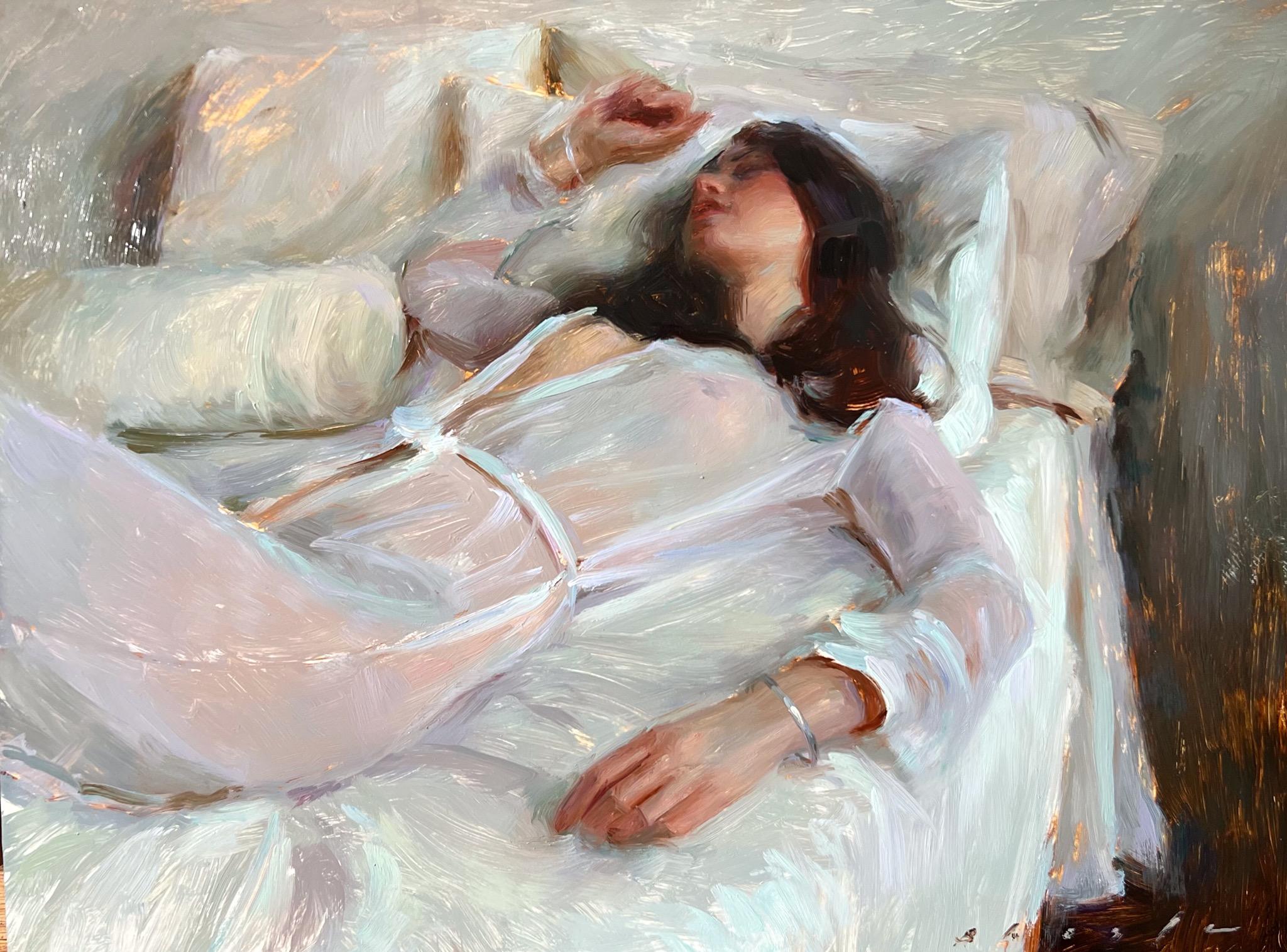 Suchitra Bhosle Portrait Painting - "Languid in Grays" Oil Painting
