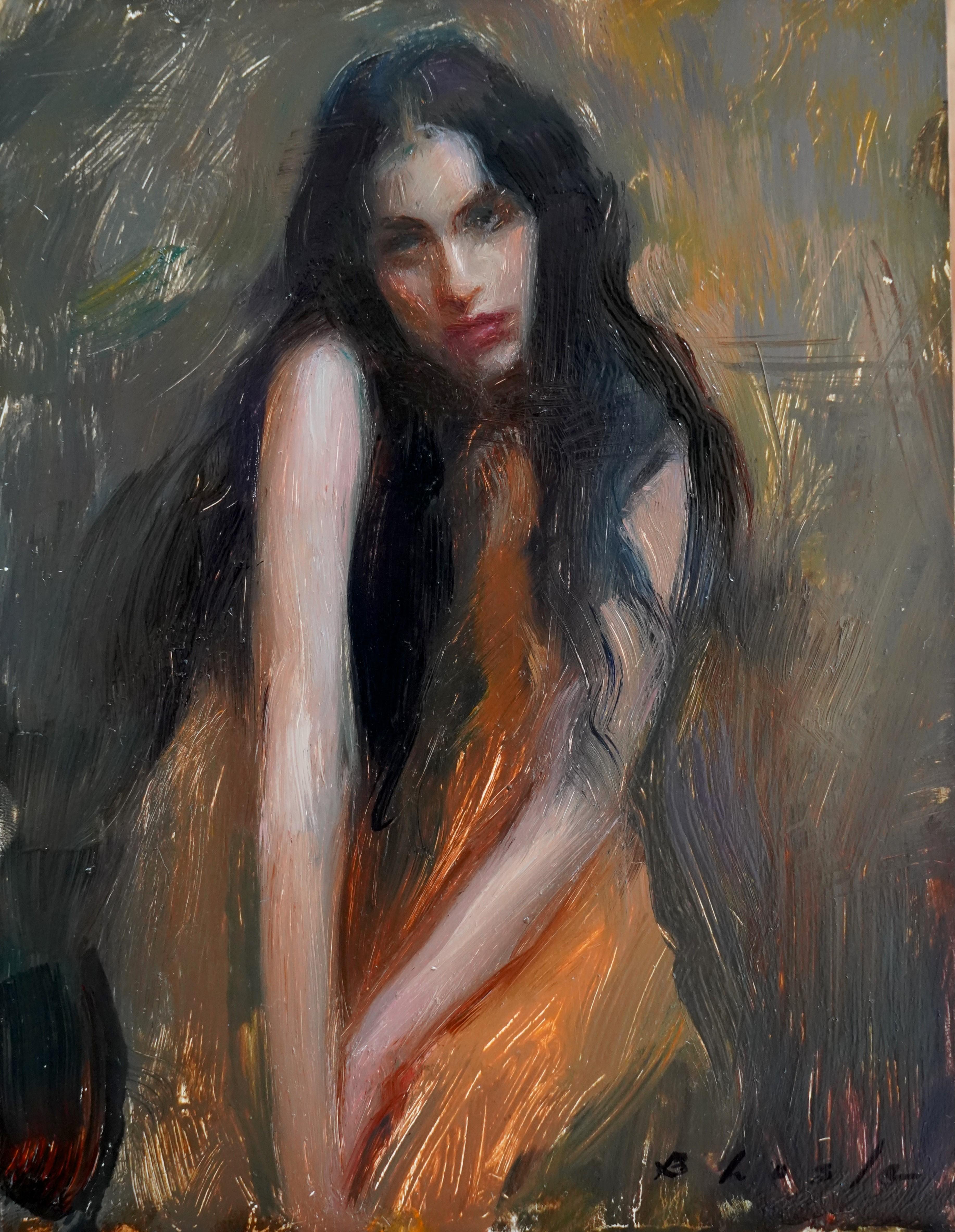 Suchitra Bhosle Figurative Painting - "Mood in Orange, " Oil Painting