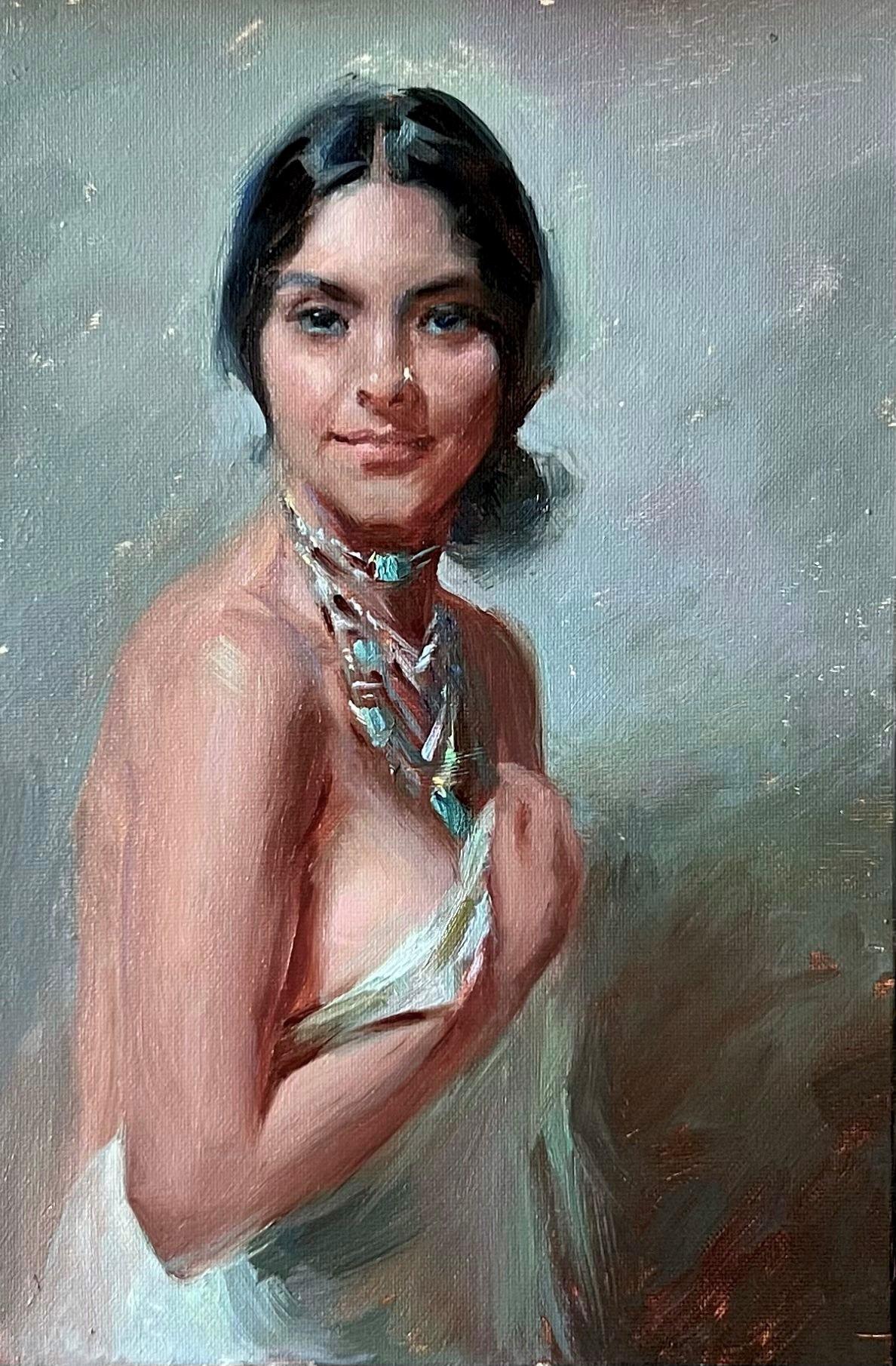 Suchitra Bhosle Figurative Painting - "Native Elegance in Turquoise" Oil Painting