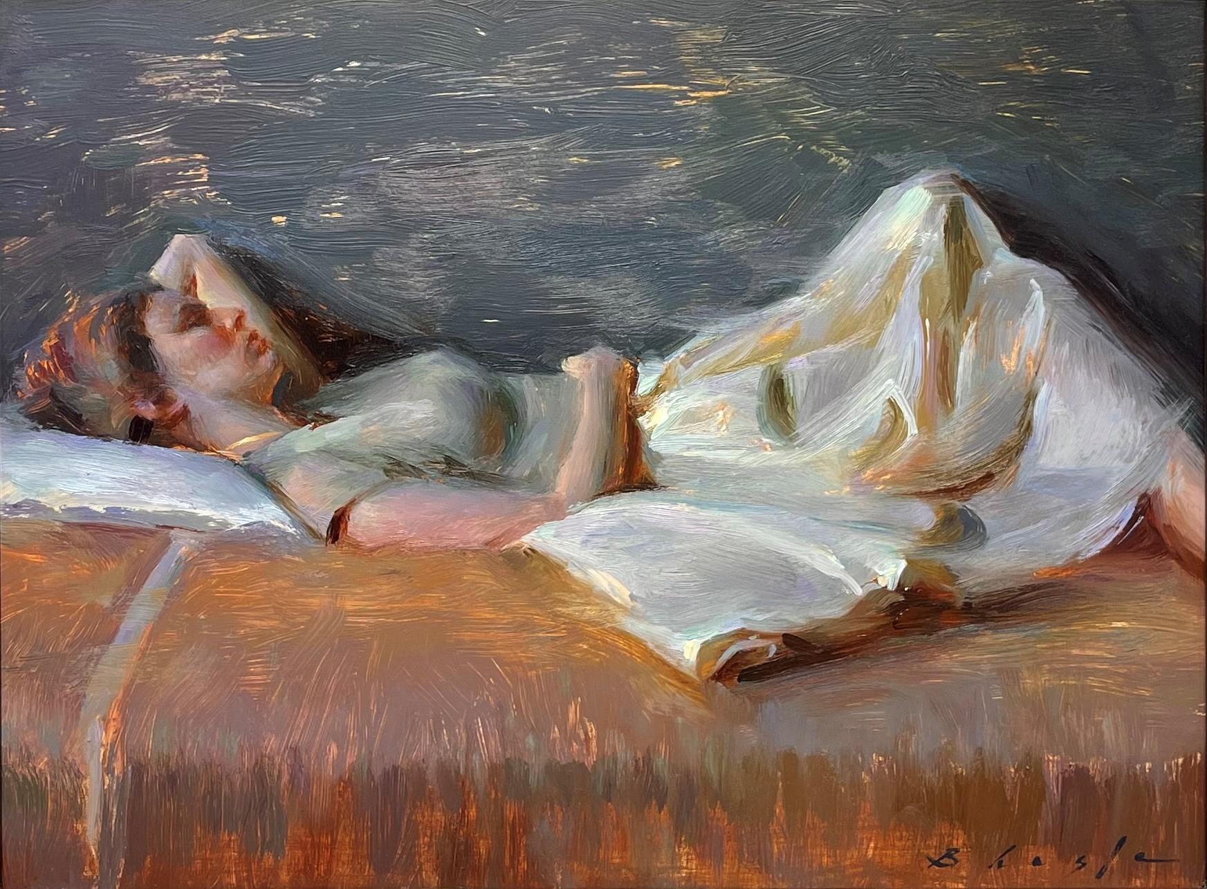 Suchitra Bhosle Portrait Painting - "Repose in Viridian" Oil Painting