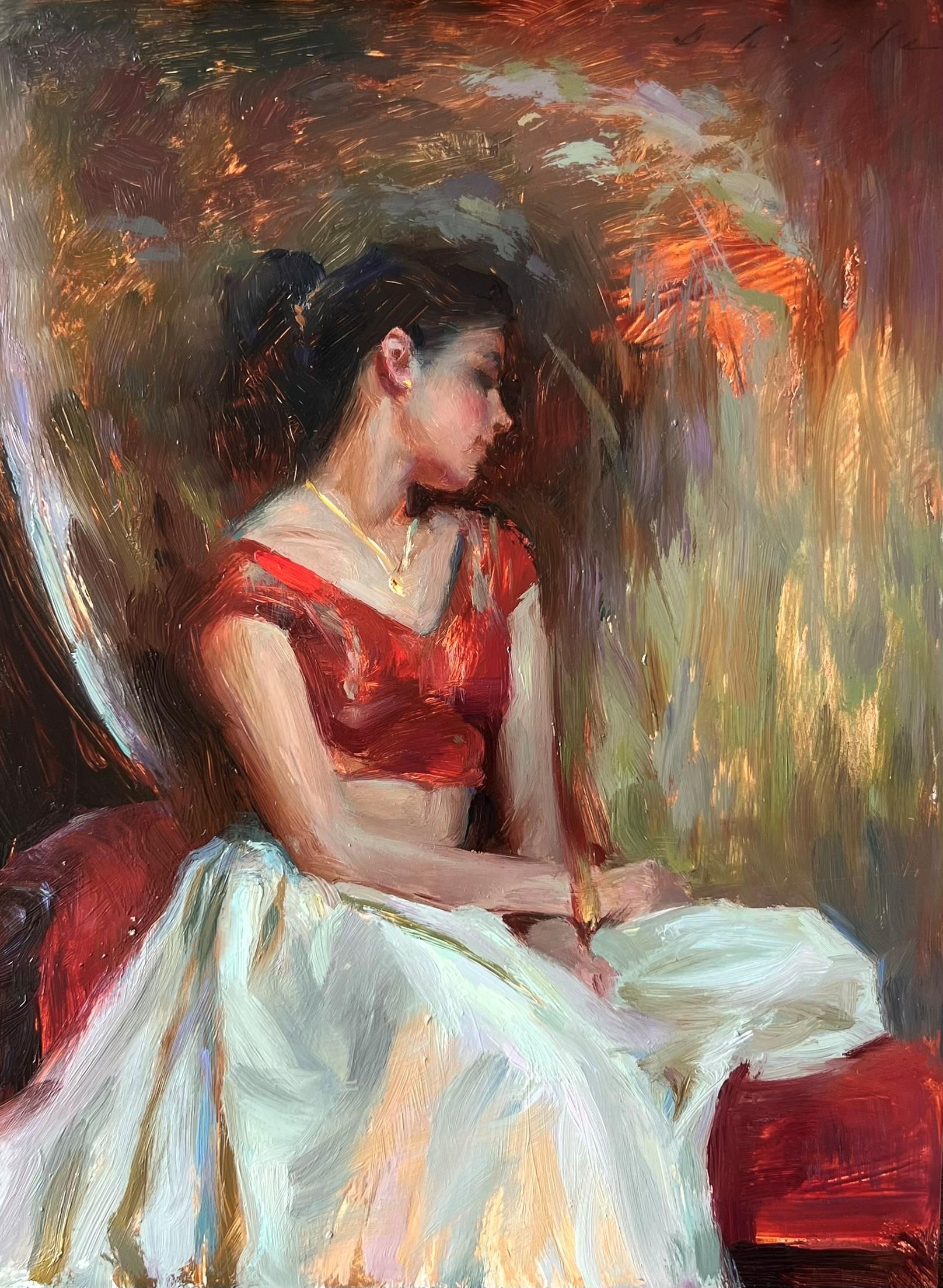 Figurative Painting Suchitra Bhosle - "Soie rythmique, peinture à l'huile