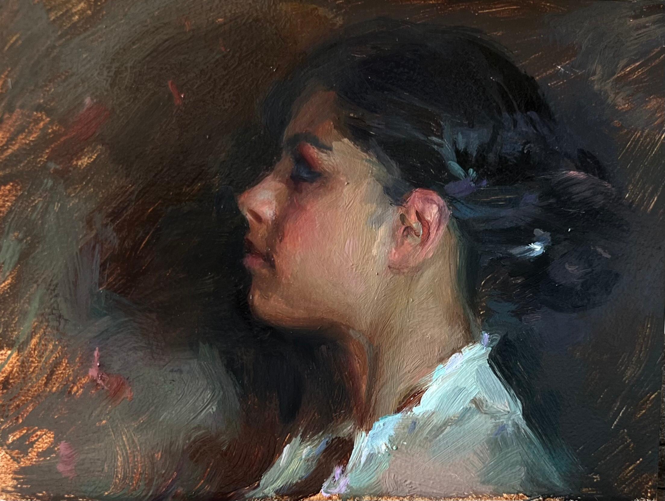 Suchitra Bhosle Figurative Painting - "Shadow in Profile" Oil Painting
