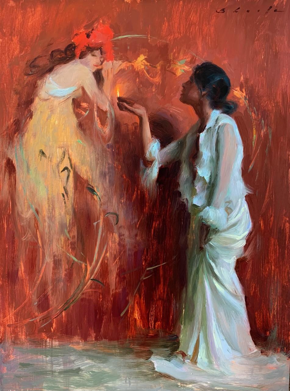 Suchitra Bhosle Portrait Painting - "Une Ode á Mucha (An Ode to Mucha), " Oil Painting