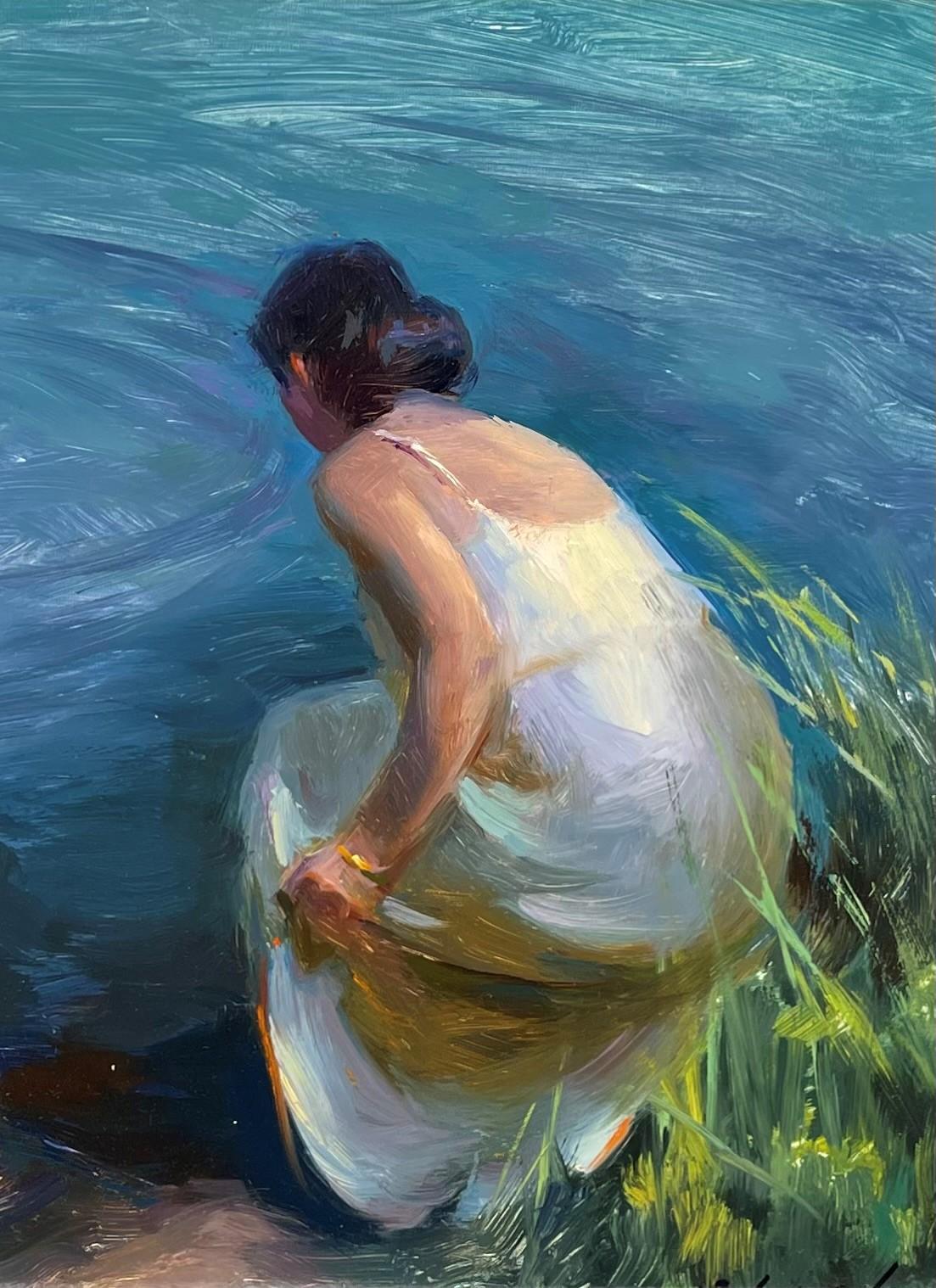 Figurative Painting Suchitra Bhosle - Peinture à l'huile "Wading Aquamarine".