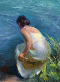 "Vadeando aguamarina" Pintura al óleo