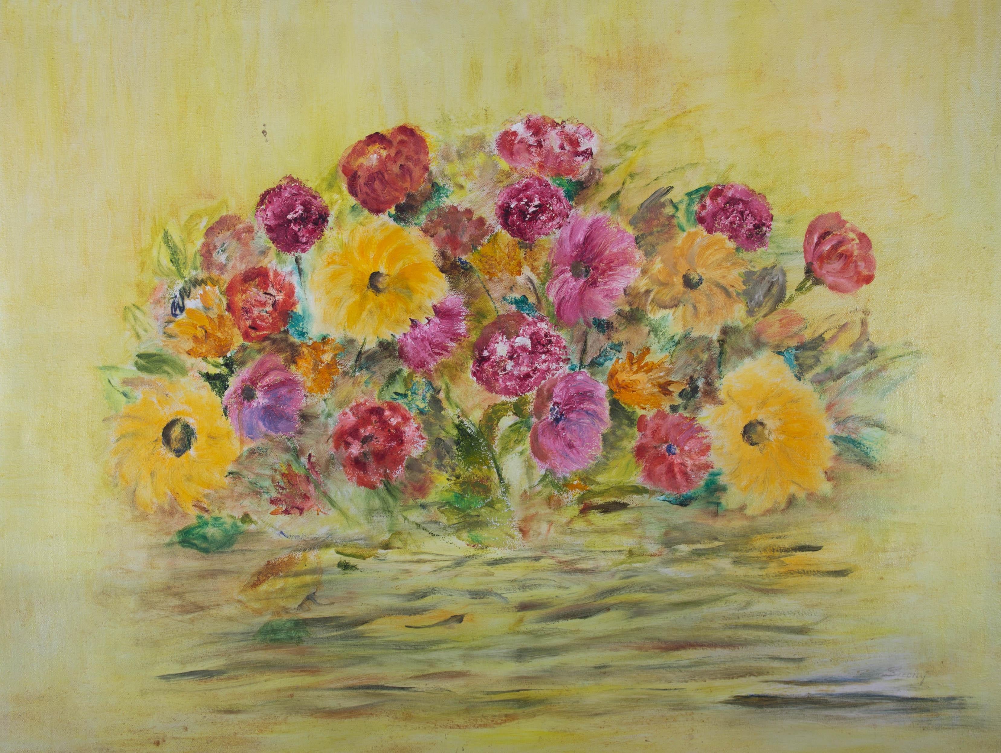 Suchy - Mid 20th Century Oil, Yellow And Pink Flowers 1