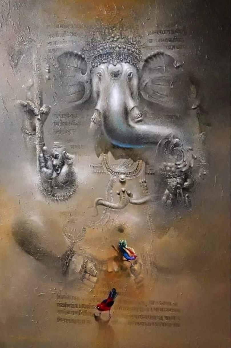 Ganesha, Acrylic on Canvas, Brown Color by Contemporary Artist "In Stock"