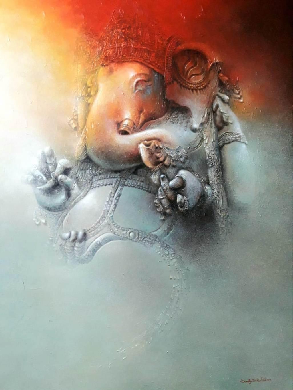 Sudipta Kundu Figurative Painting - Ganesha, Acrylic on Canvas, Red, Orange Color by Contemporary Artist "In Stock"