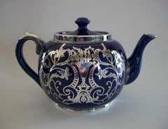 SUDLOW'S - Cobalt Blue Glazed Ceramic & Silver Overlay Tea Set - UK - Circa 1920