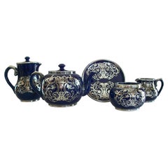 SUDLOW'S - Cobalt Blue Glazed Ceramic & Silver Overlay Tea Set - UK - Circa 1920