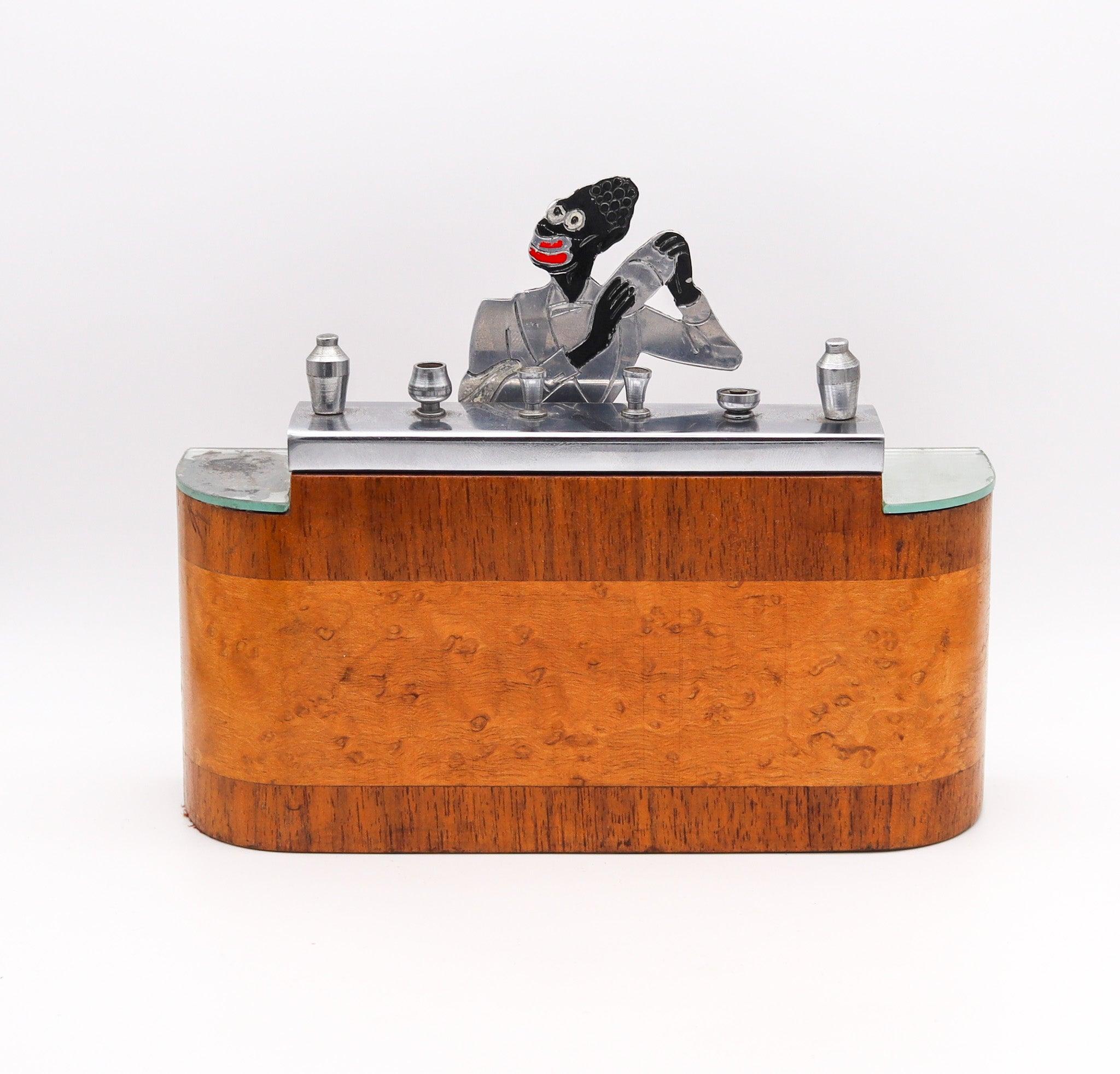 Carved SUDRE Art Deco 1930 French Barman Cigarette Dispenser In Burl & Cedar Wood For Sale